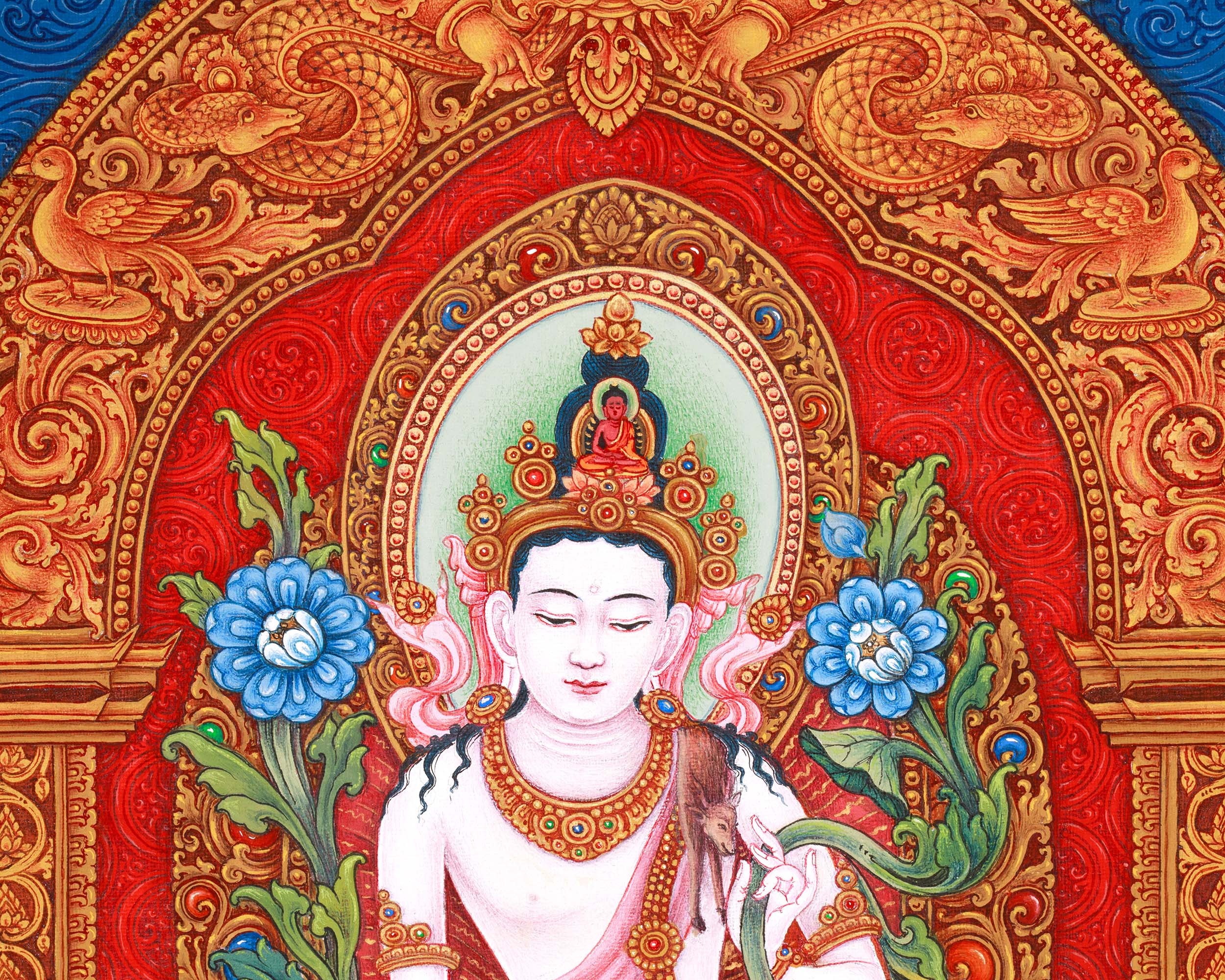 Standing Avalokiteshvara (Guanyin) Thangka Print | 5 Dhyani Buddhas |  High-Quality Giclee Print for Meditation | Paubha Painting