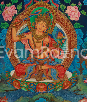 Divine Wisdom Manjushri Thangka Print | 5 Dhyani Buddhas | Bodhisattva Newari Canvas Art