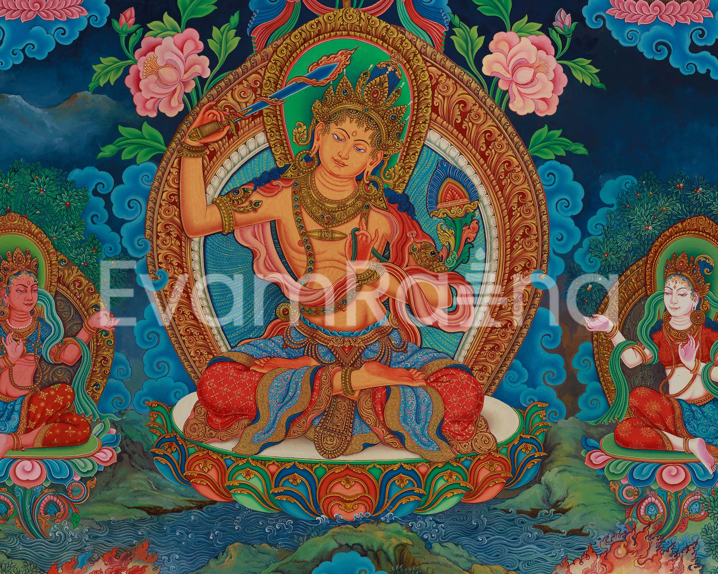 Divine Wisdom Manjushri Thangka Print | 5 Dhyani Buddhas | Bodhisattva Newari Canvas Art
