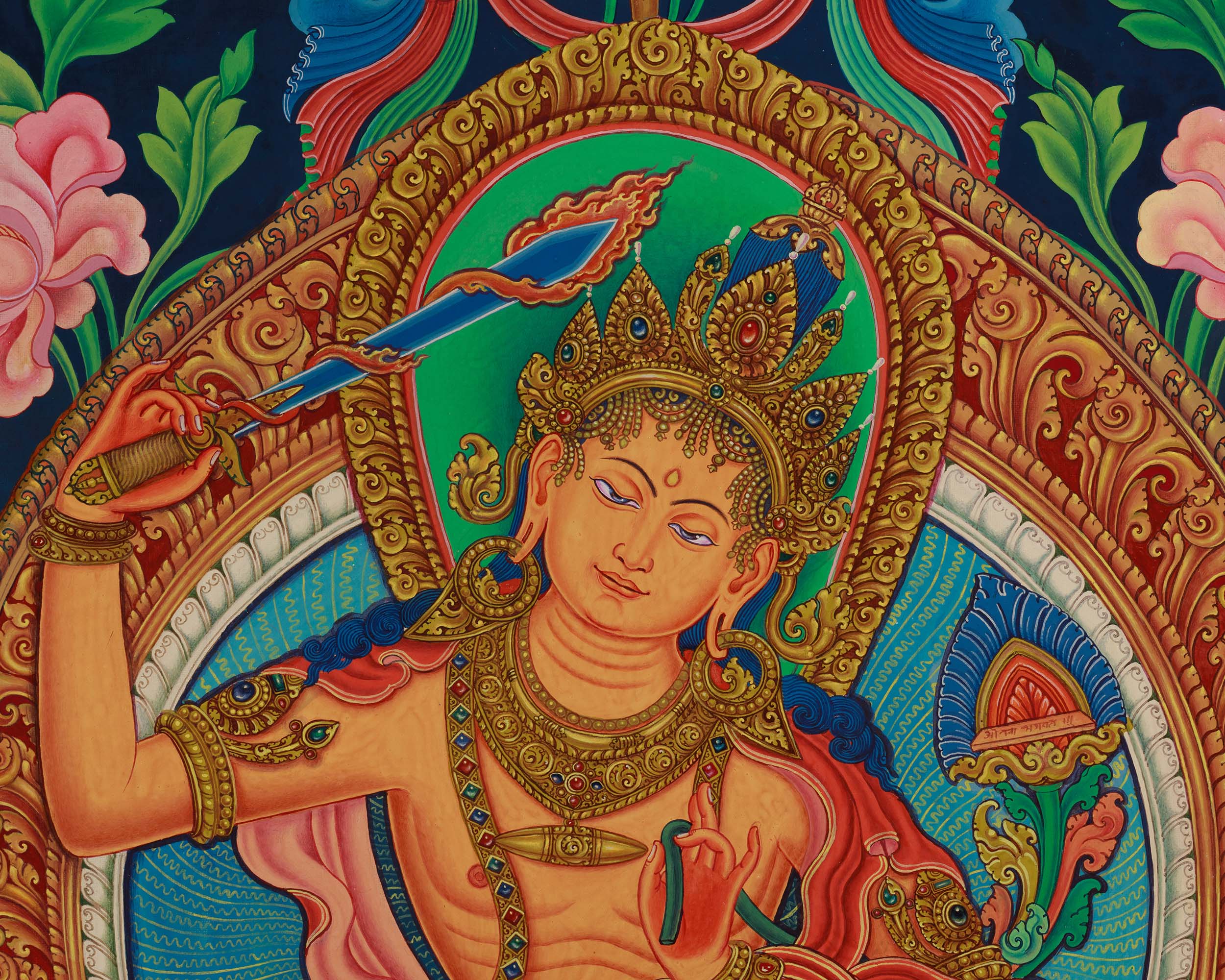 Divine Wisdom Manjushri Thangka Print | 5 Dhyani Buddhas | Bodhisattva Newari Canvas Art