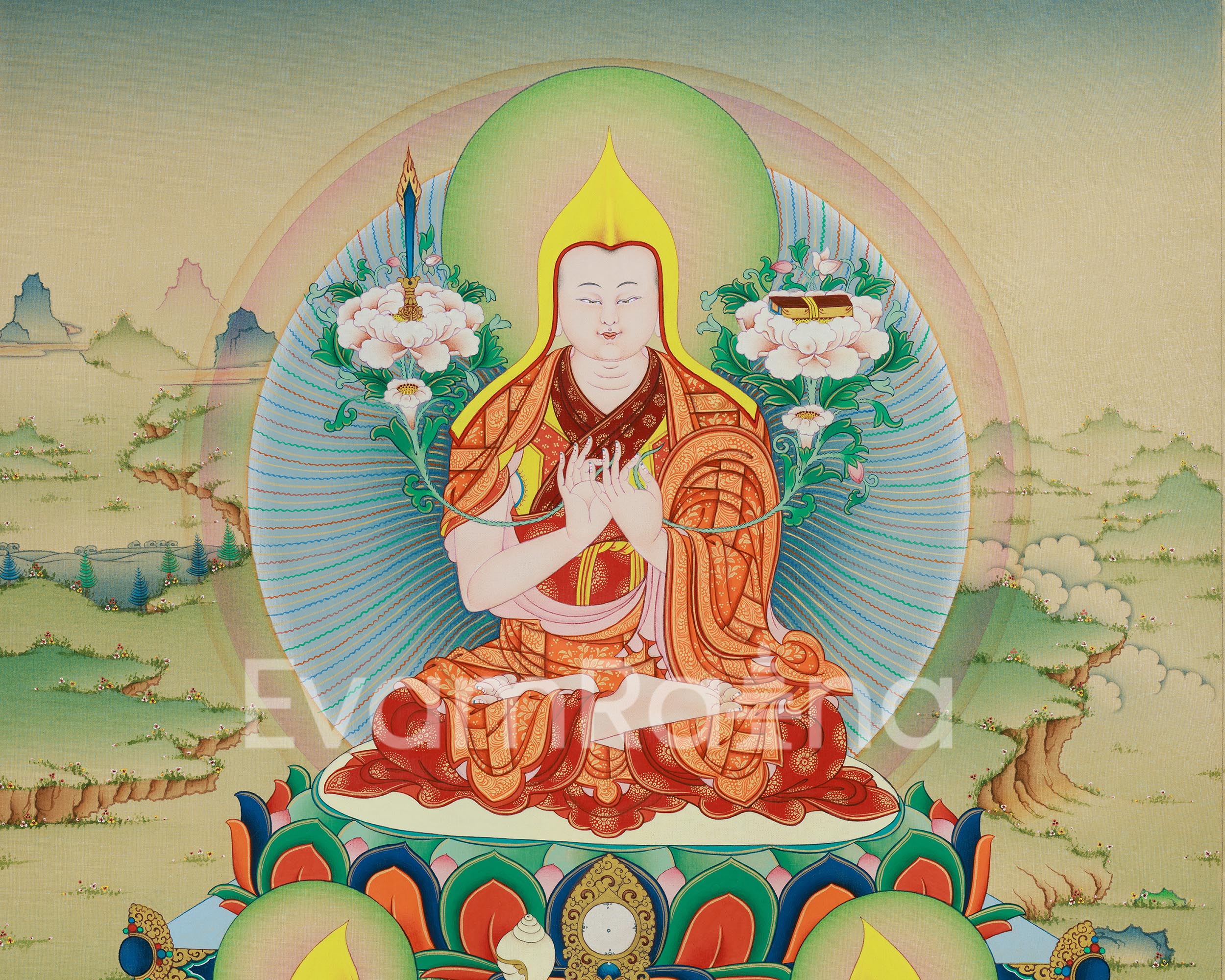 Tsongkhapa and Disciples Thangka | Gelug Tradition Print | Tibetan Buddhist Canvas Art