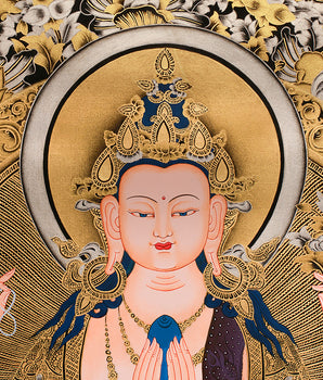 The Tranquil Presence of 4 arms Avalokiteshvara | Gold Embellished Thangka of Compassion