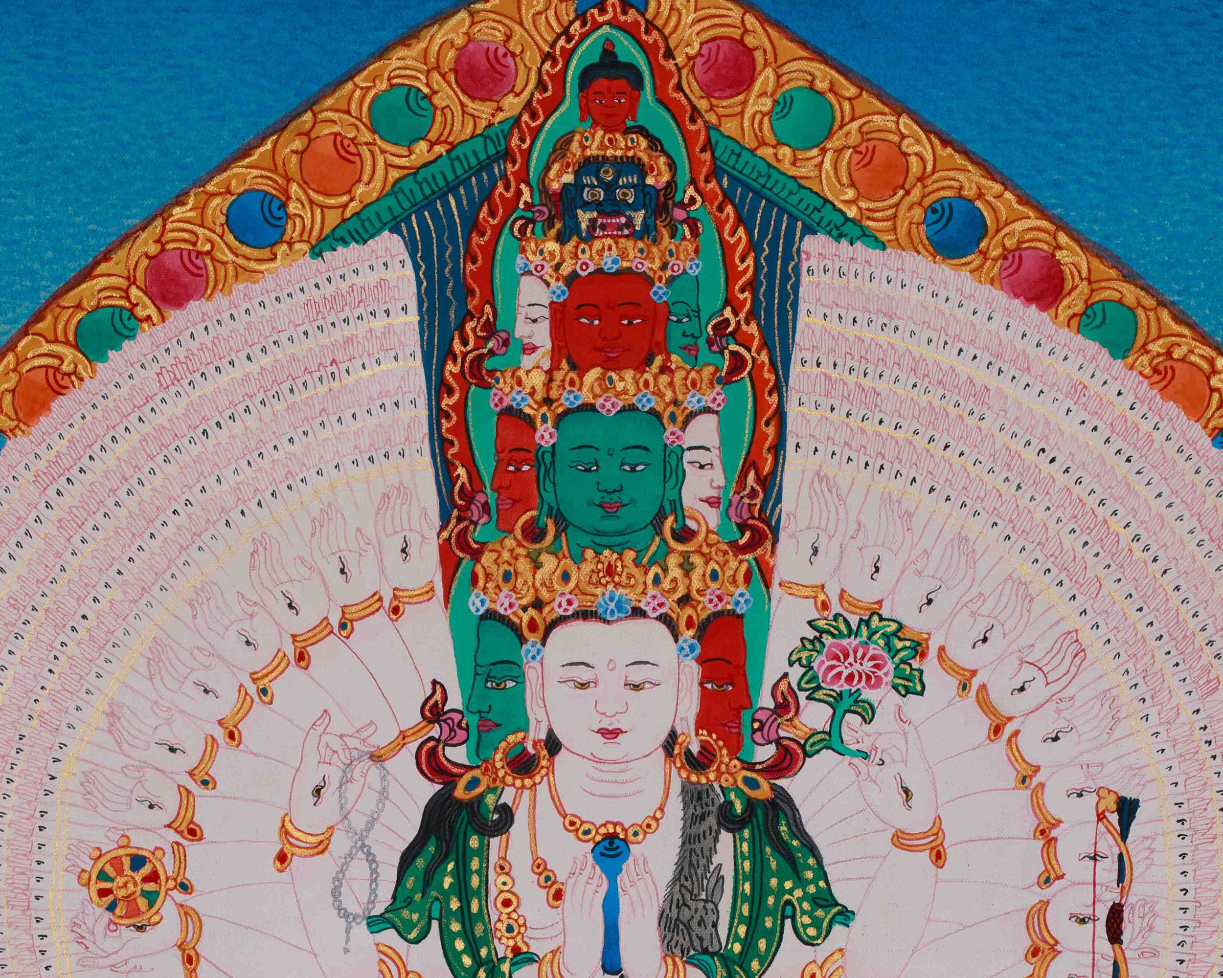 Tibetan 1000 Armed Chenrezig Thangka | Avalokiteshvara Art | Compassion Deity