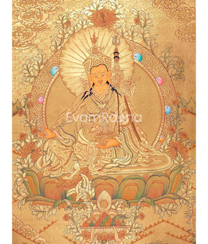 Guru Rinpoche In Full Gold Thangka Painting | Padmasambhava Thangka | Traditional Buddhist Handmade Thanka | Yoga Meditation Wall Hanging