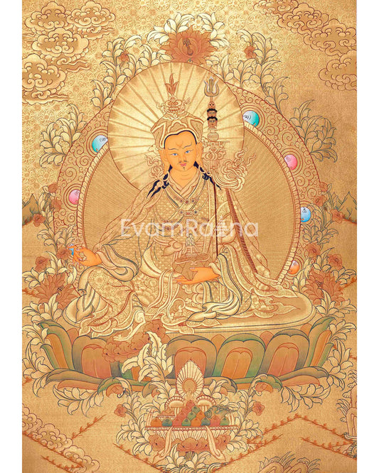 Guru Rinpoche In Full Gold Thangka Painting | Padmasambhava Thangka | Traditional Buddhist Handmade Thanka | Yoga Meditation Wall Hanging