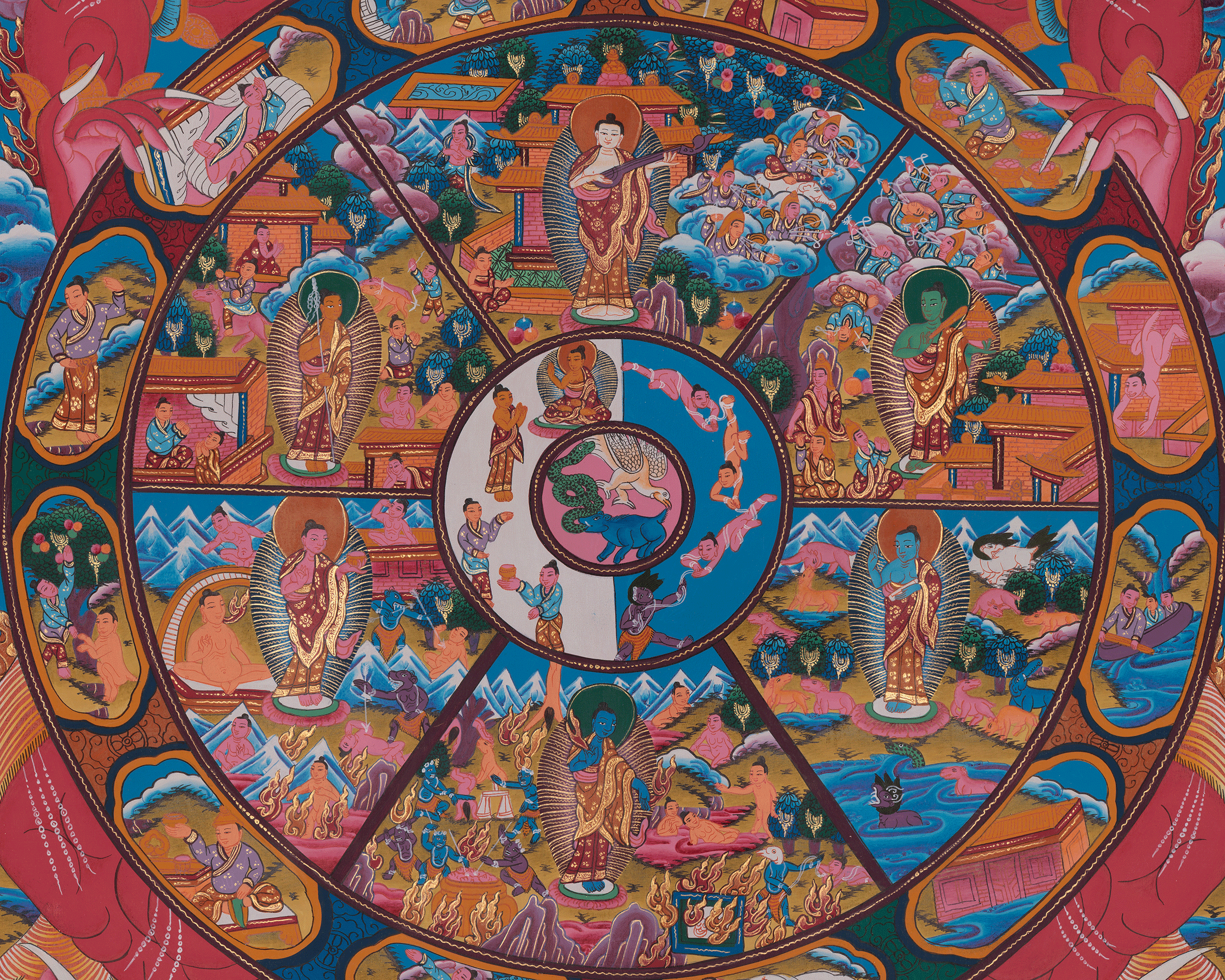 Divine Bhavachakra Thangka | Wheel of Life Artwork of Karma and Rebirth