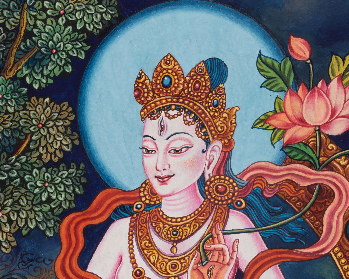 Standing White Tara Artwork | Sacred Himalayan Painting of Compassion and Longevity