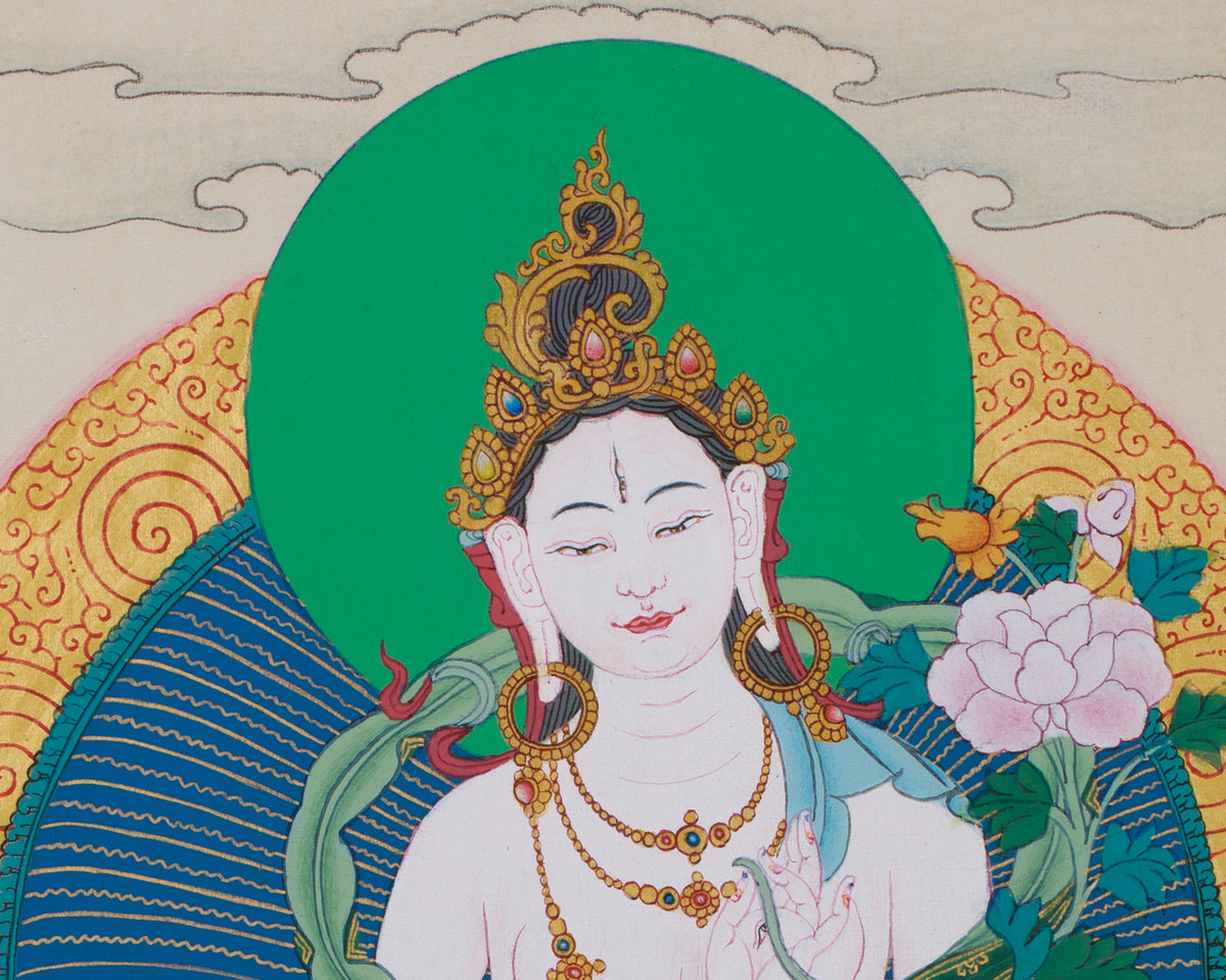 Original Tibetan White Tara Painting | Female Bodhisattva of Healing