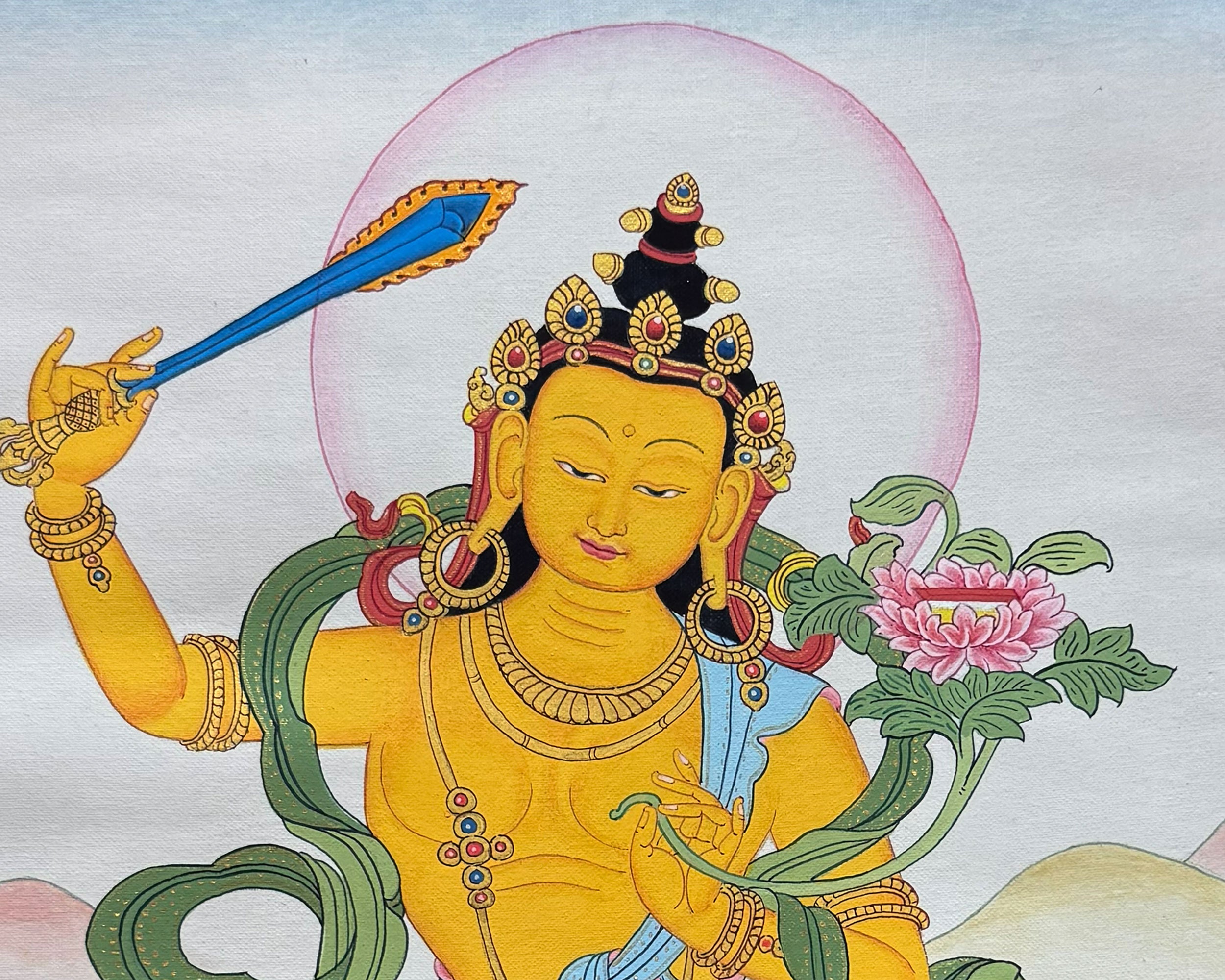 Manjushri Thangka With Brocade | Enlightened Protector of Knowledge