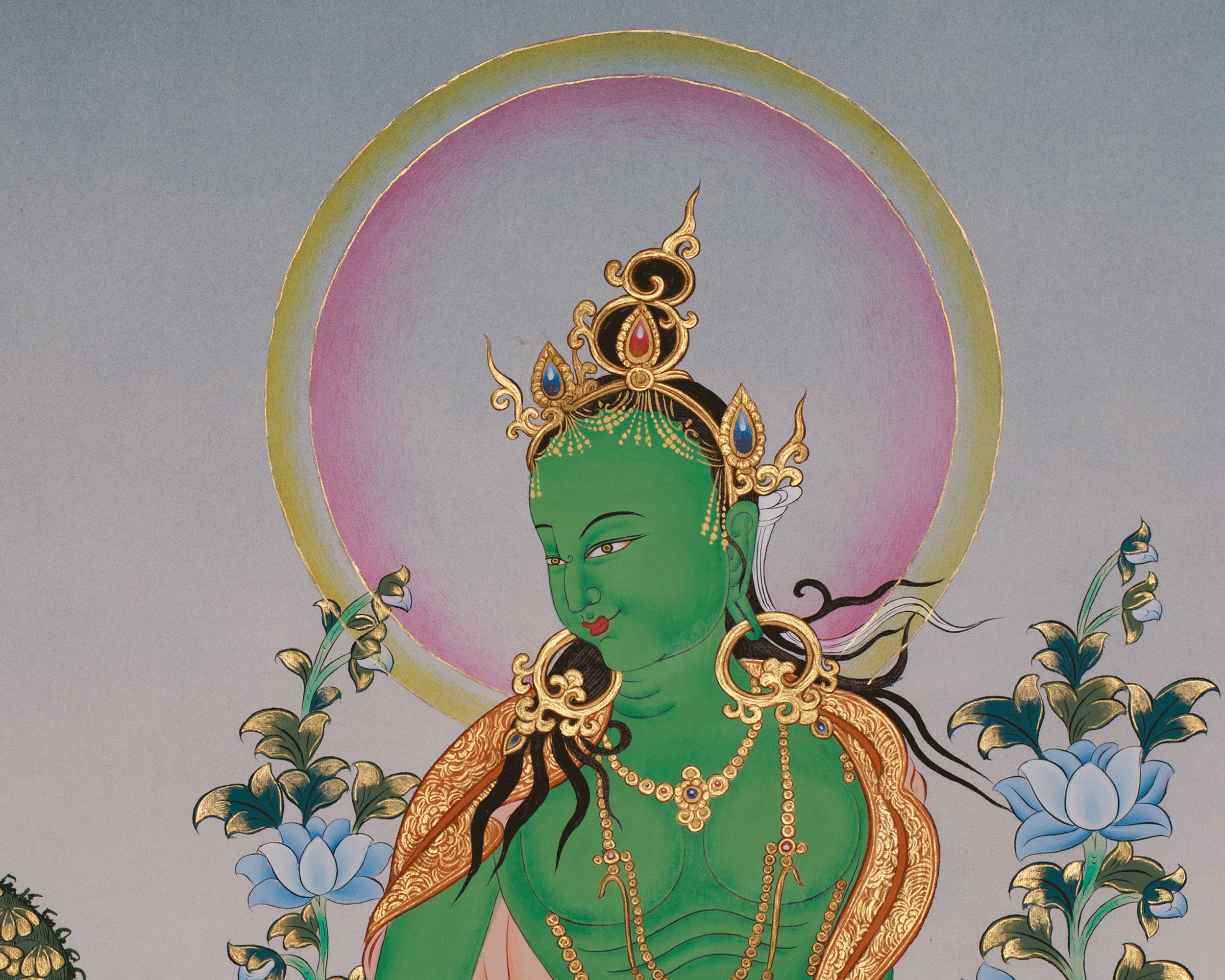 Compassionate Deity Standing Green Tara Thangka | Swift Protection | Shyama Tara