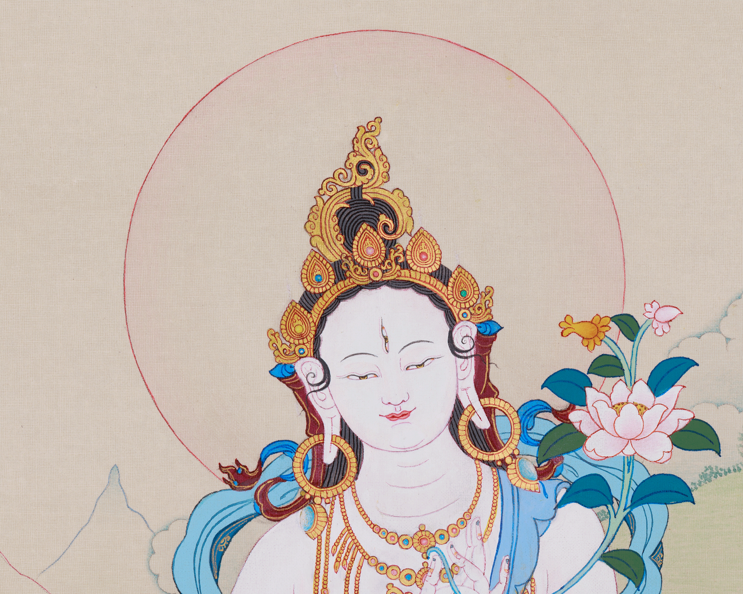 Seven-Eyed Sita Tara Thangka | A Spiritual Artwork of the Goddess White Tara