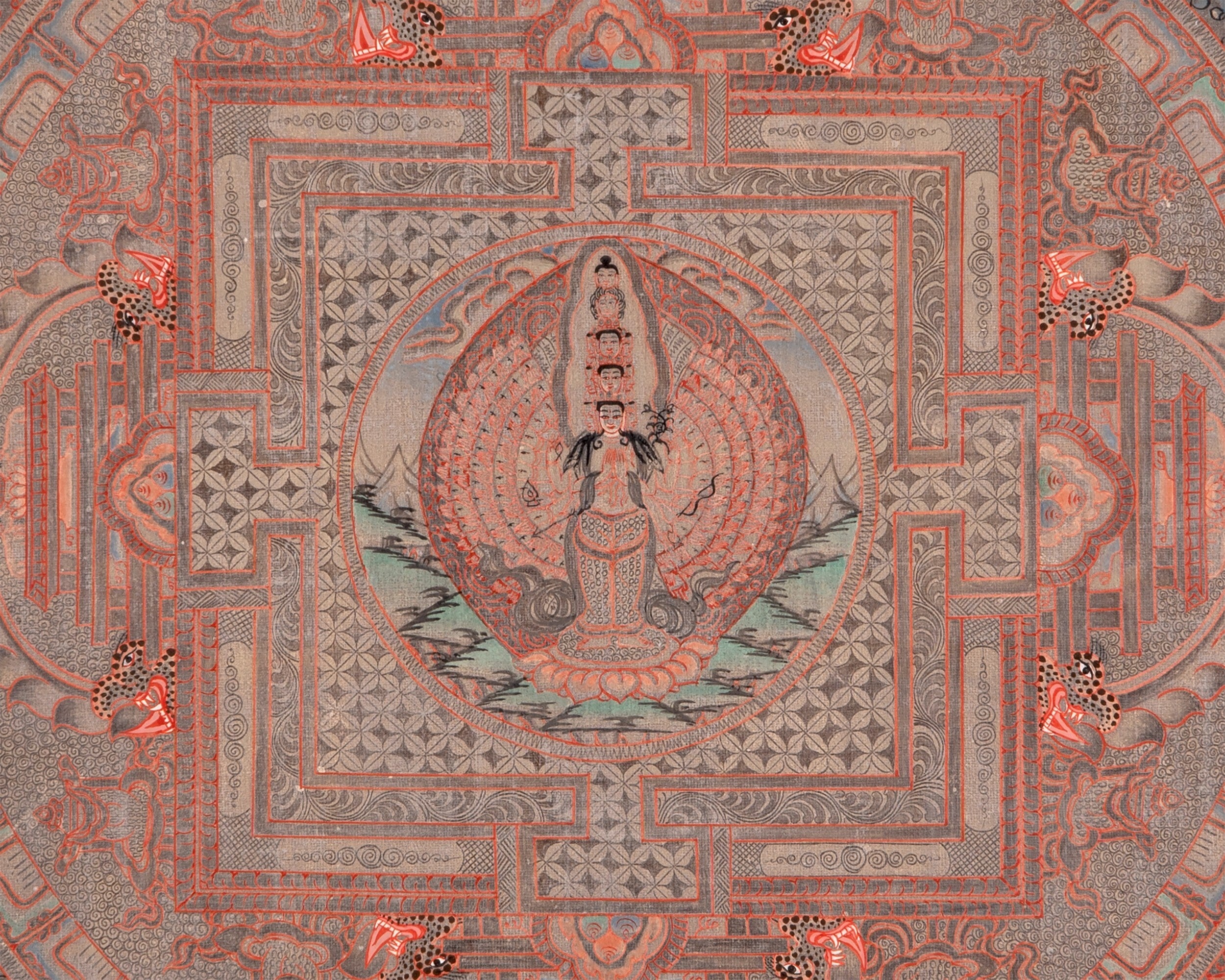Silver Lokeshvara Mandala with Brocade | Tibetan Chenrezig Wall Hanging