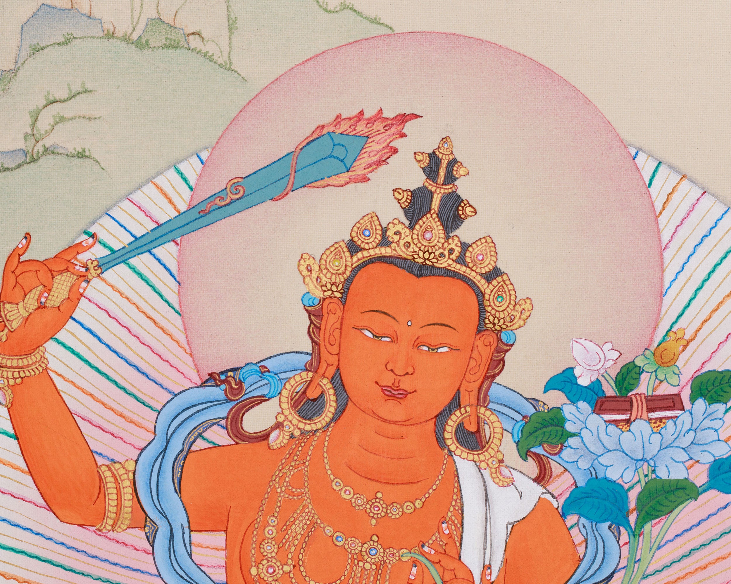 Trio Bodhisattva Thangka: Manjushri, Chenrezig, and Vajrapani | Tibetan Buddhism