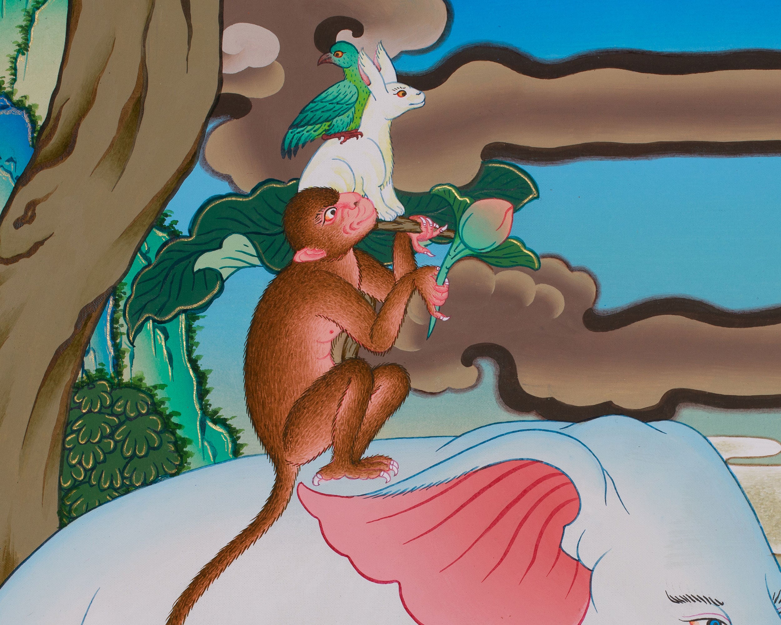 4 Harmonious Friends Painting | Depicting the Four Divine Creatures of Tibetan Buddhism