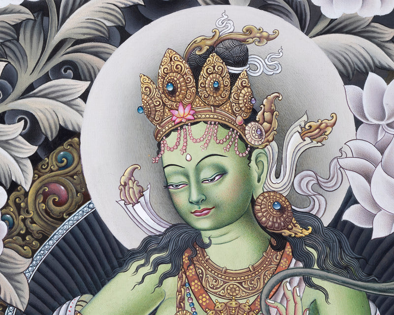 Traditional Thangka For Green Tara Buddha Mantra Practice | Newari Pauba Giclee Print