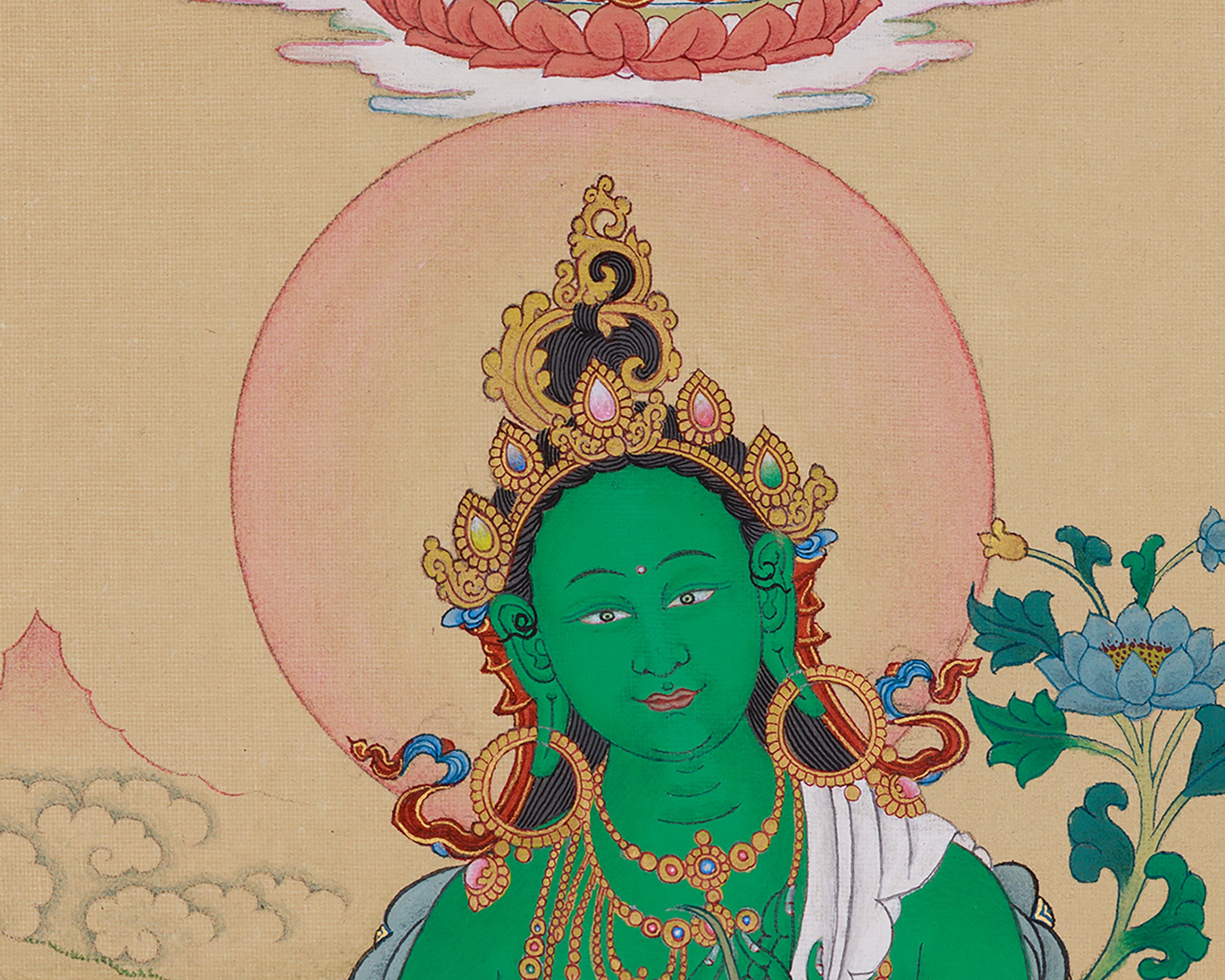 Green Tara with Amitabha Buddha Painting | Compassionate Deity and Buddha of Infinite Light