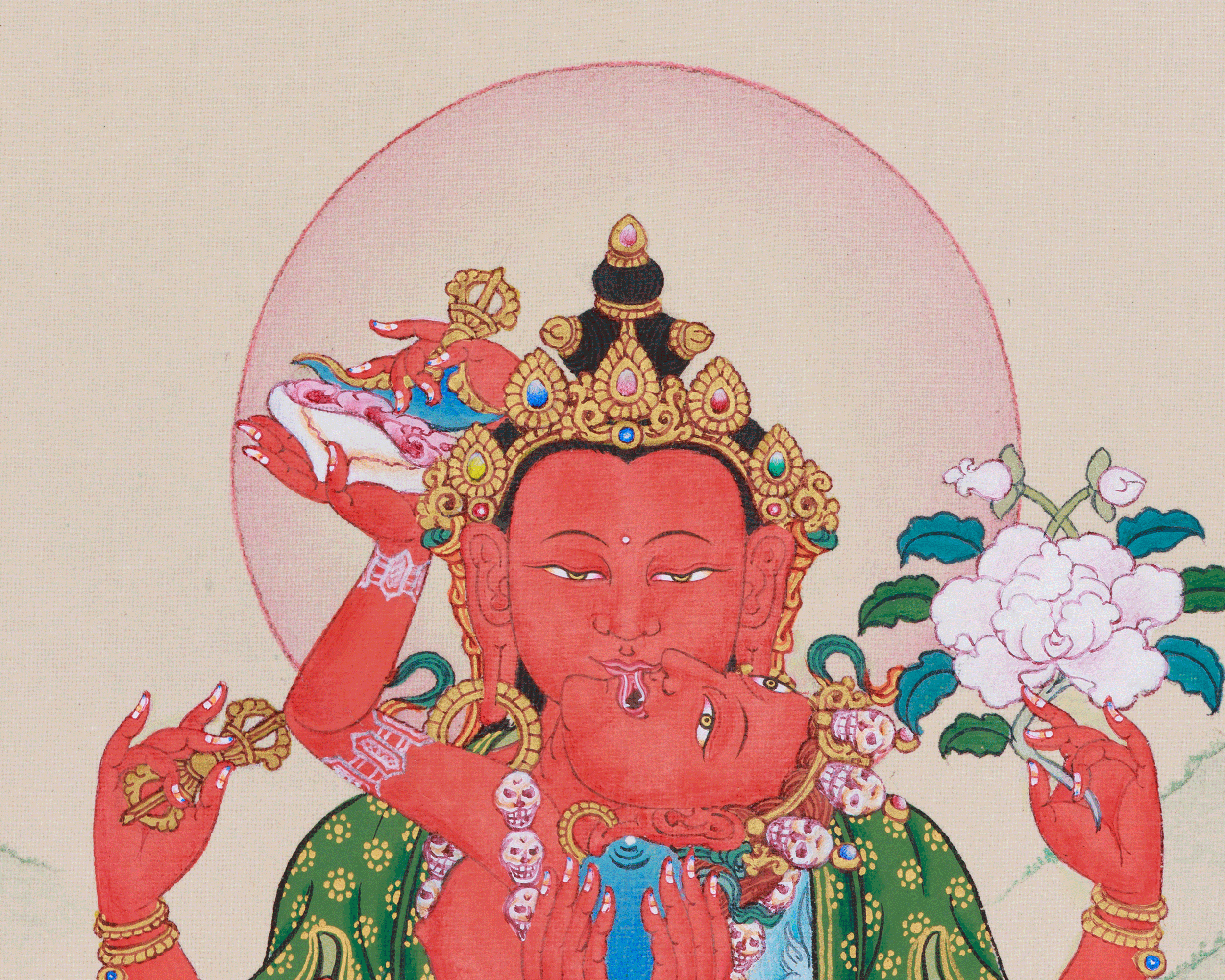 Red Chenrezig Thangka | Gyalwa Gyasto with Consort