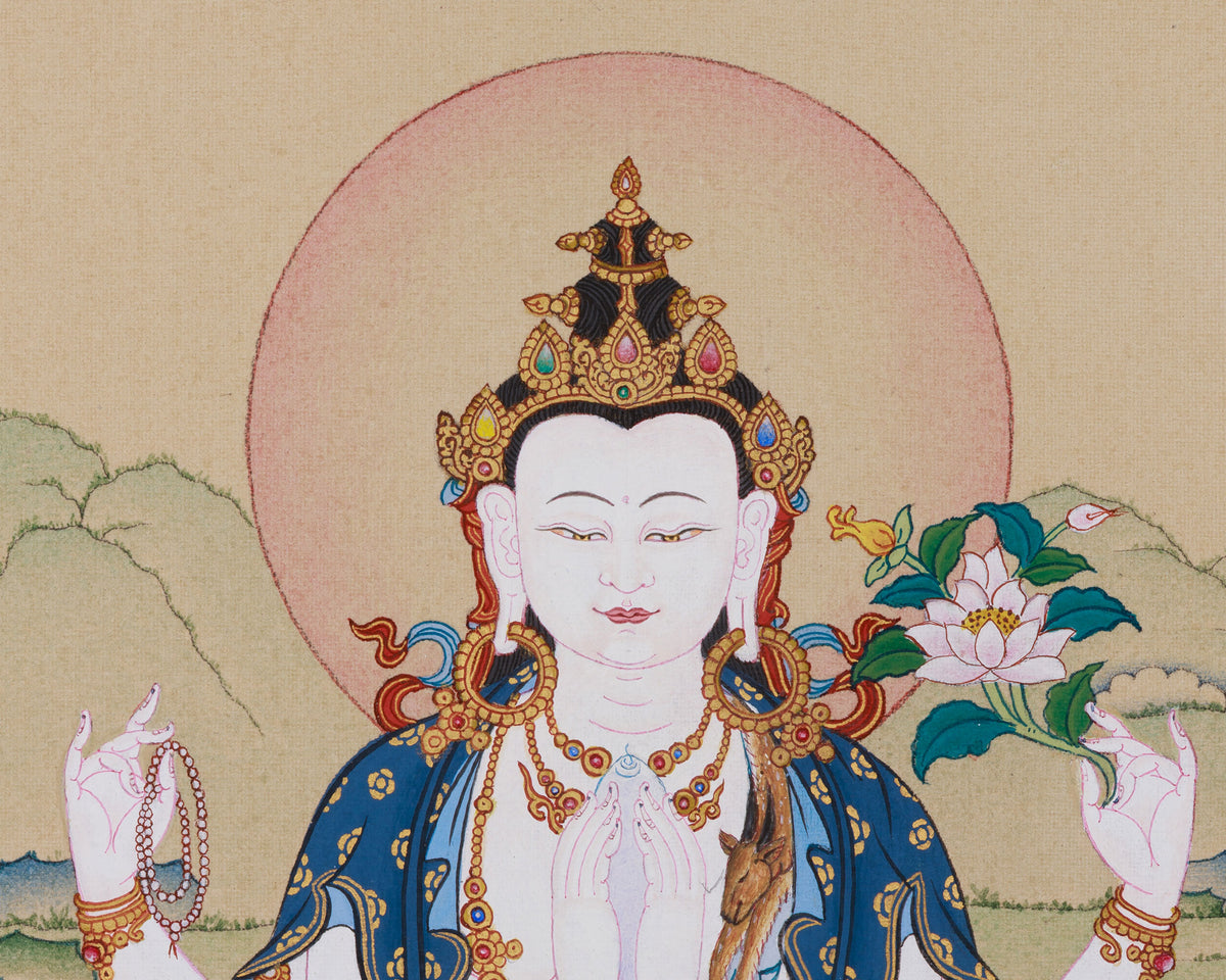 Four-Armed Chenrezig Buddha Thangka | A Symbol of Compassion | Includes Brocade