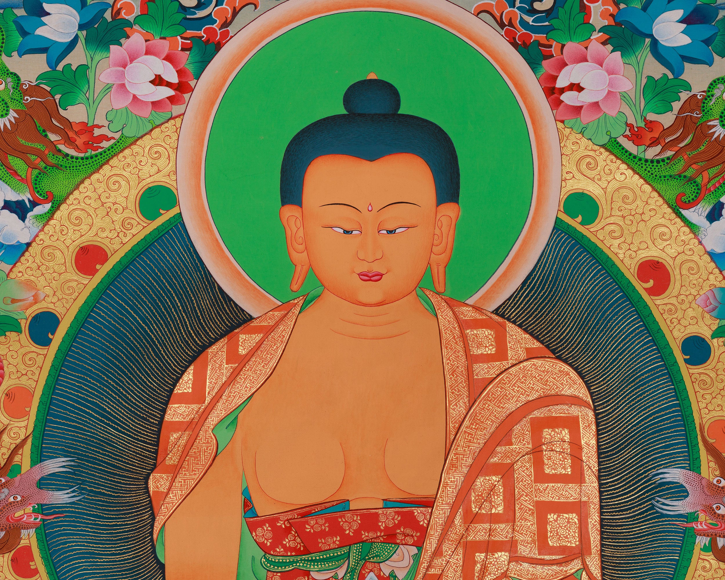 Shakyamuni Buddha With Five Dhyani Buddhas Thangka | Enlightenment and Wisdom
