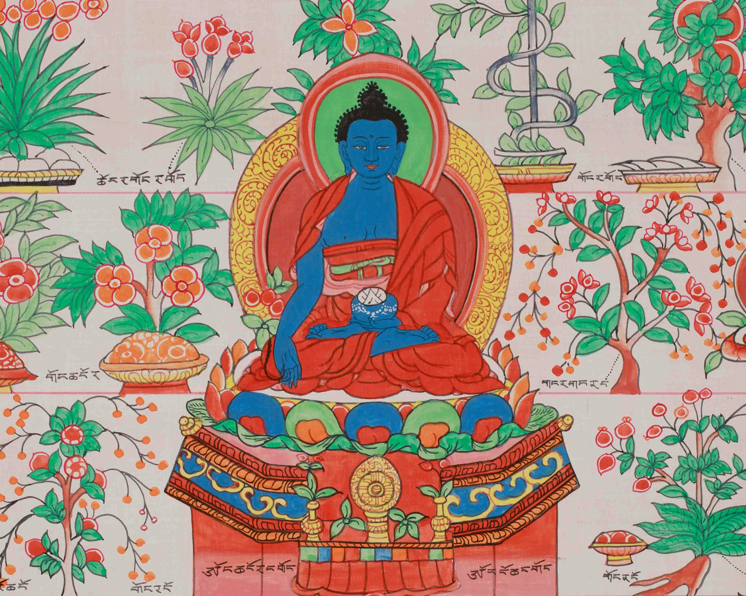 Medicine Buddha Healing Plants Thangka | Botanical Thangka
