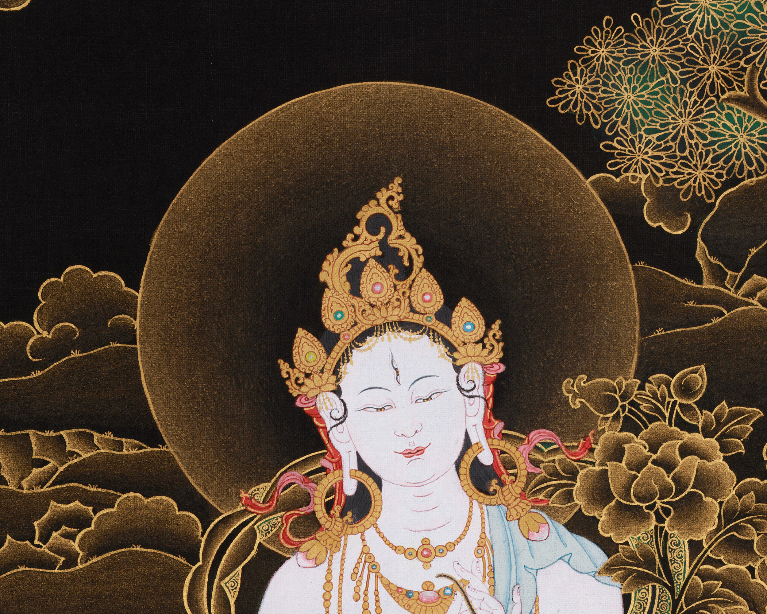 Hand-Painted Three Deities of Long Life: White Tara, Amitayus, and Namgyalma | Gold Embellished Thangka