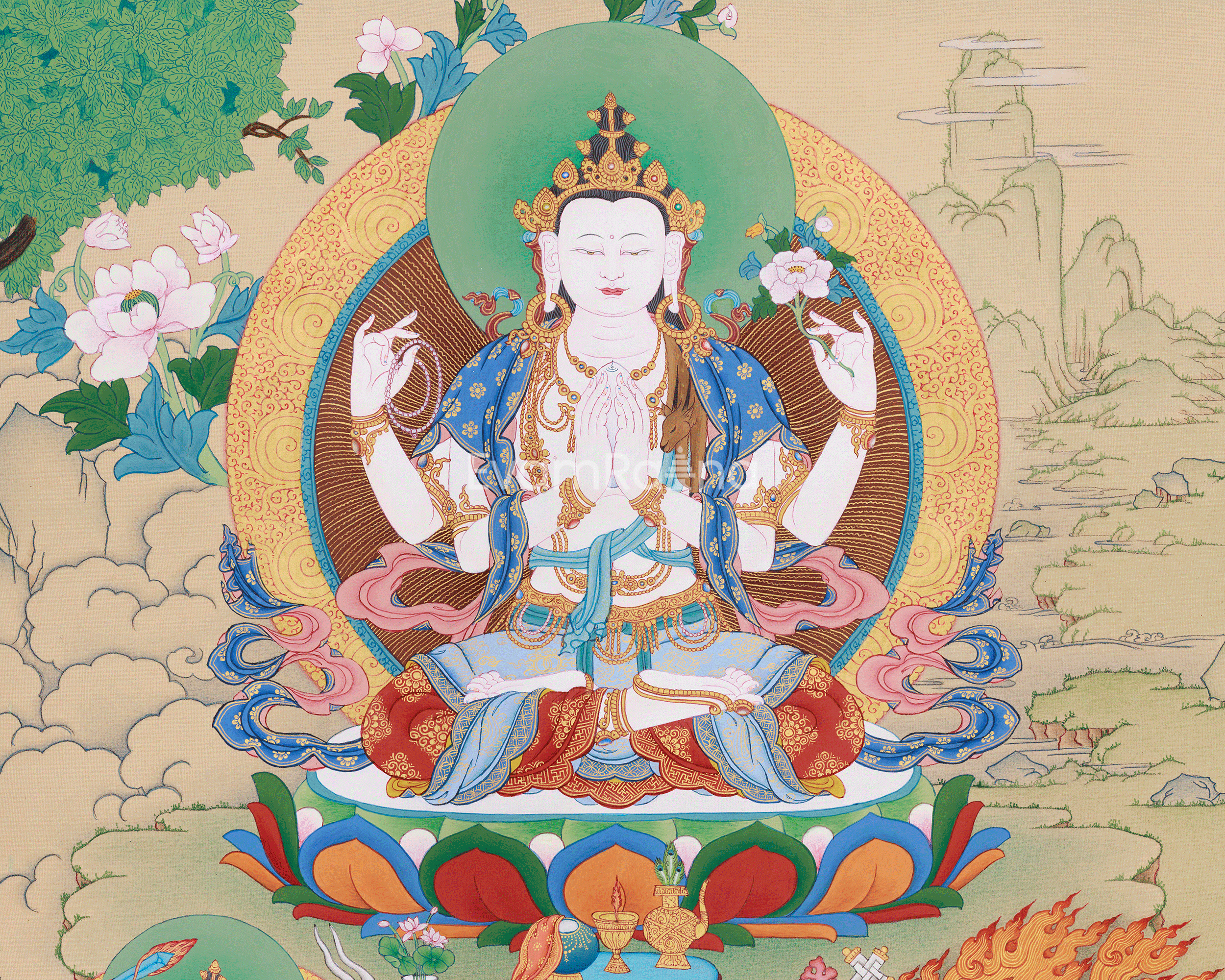 Bodhisattvas Chenrezig, Manjushri, and Vajrapani | Thangka of Divine Trio