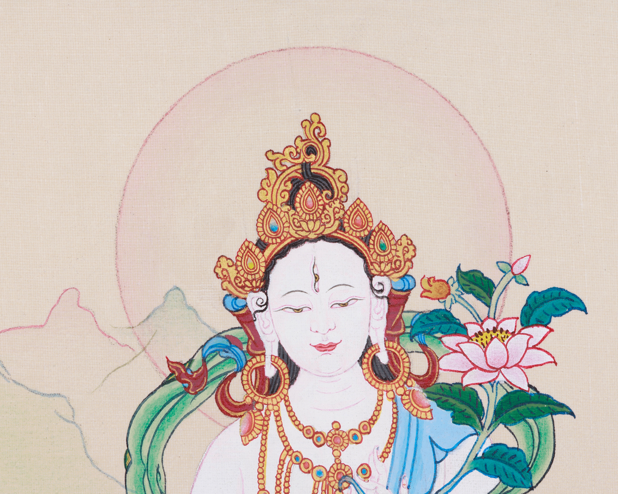 Hand-Painted Seven Eyes White Tara Thangka | Buddhist Art for Longevity and Healing