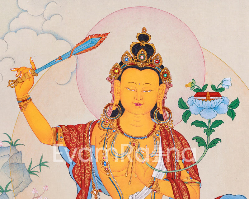 Symbol of Wisdom: Manjushri Thangka | Hand-Painted Tibetan Artwork