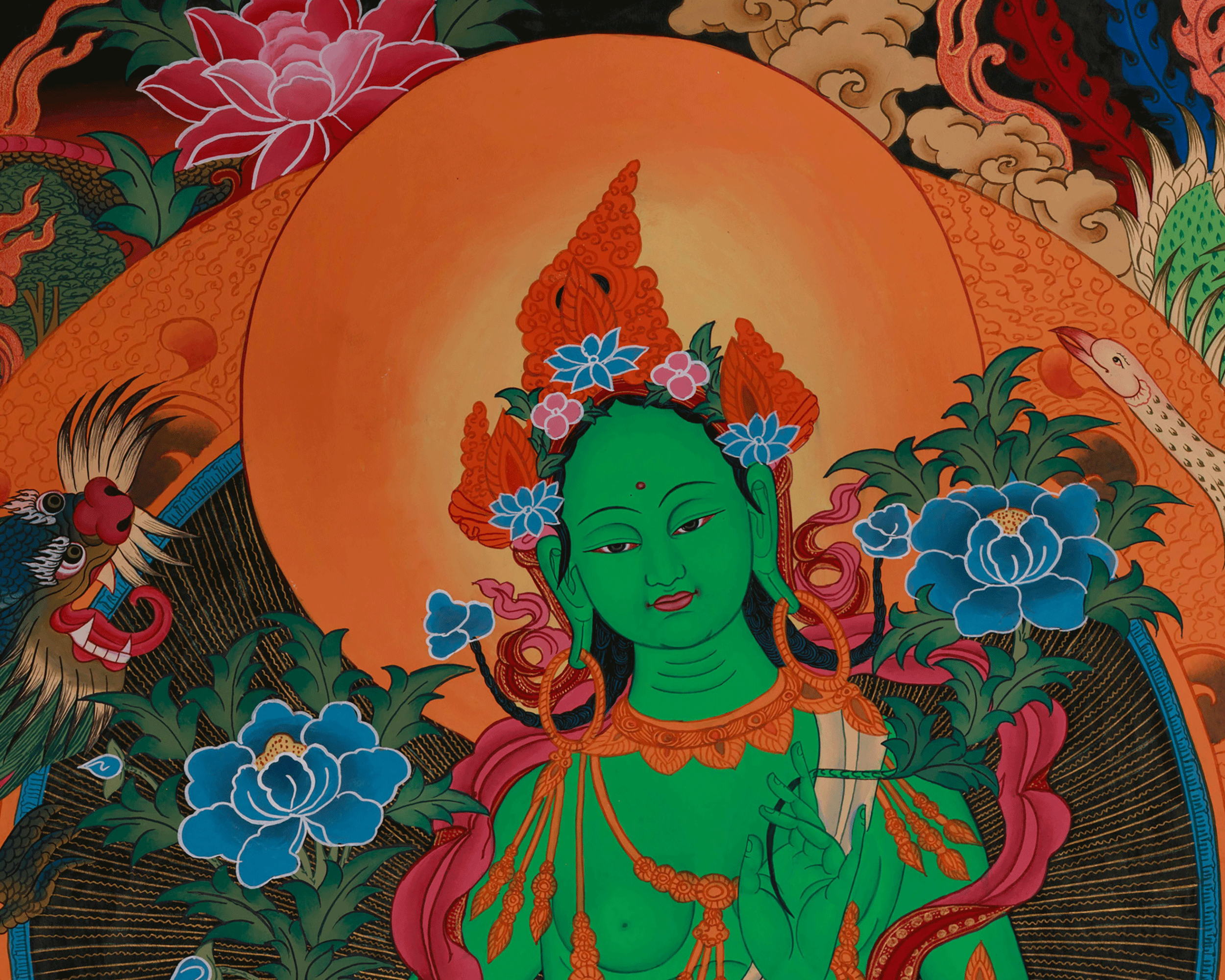 Spiritual Thangka Of Green Tara | Peace And Healing Art | Meditation Altar