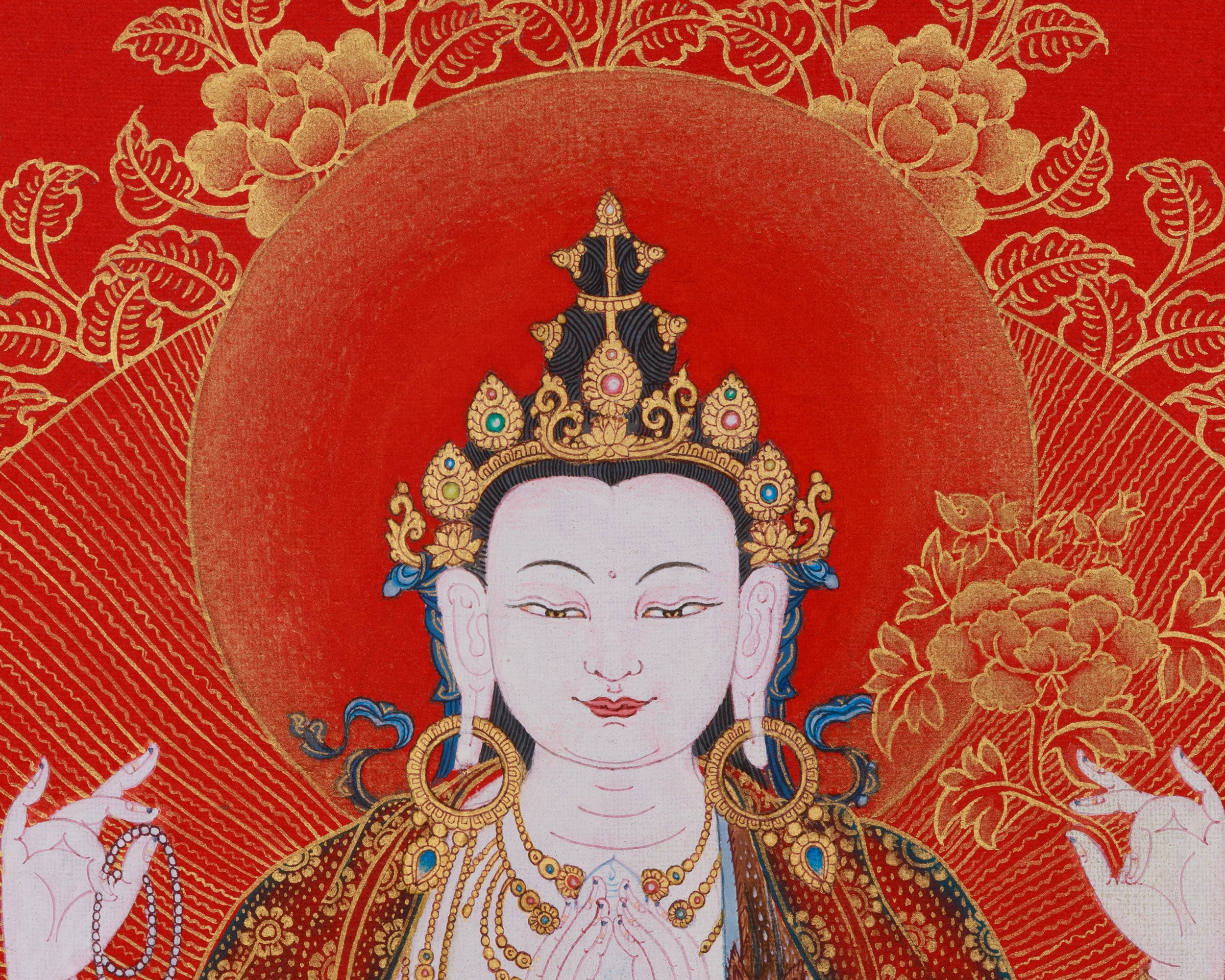 Golden Grace on Red, 4 Arms Avalokiteshvara Thangka, Deity of Compassion