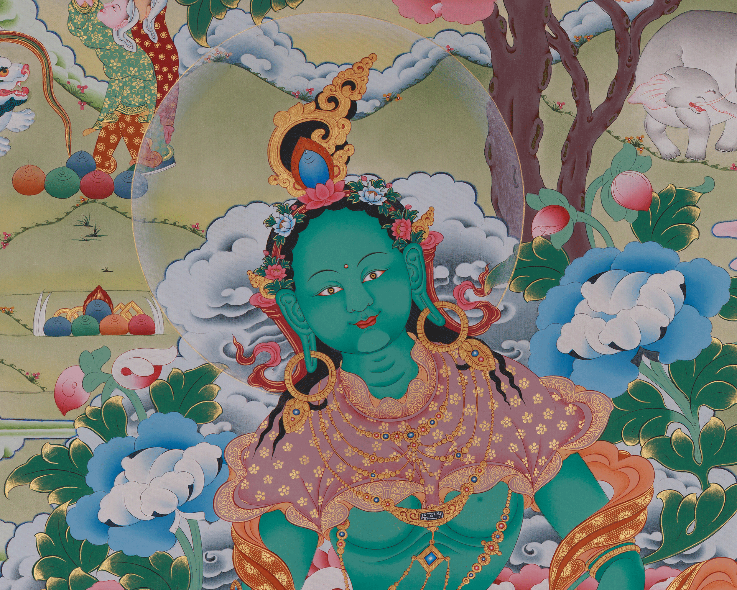 Shyama Tara Buddhist Thangka | Compassionate Goddess Green Tara