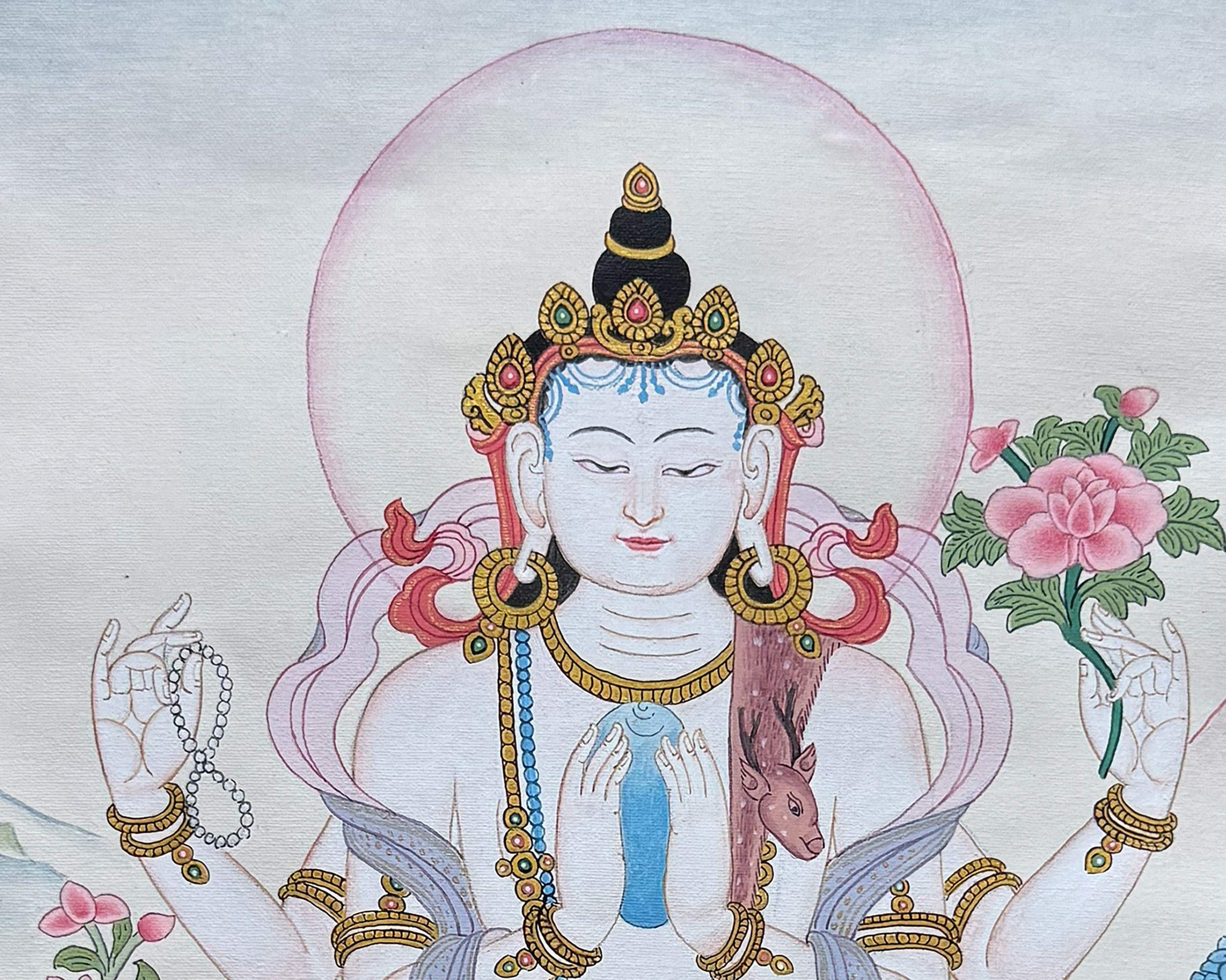 Chenrezig Thangka With Brocade | Embodiment of Universal Love