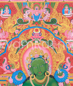 Green Tara and Divine Deities Thangka | Religious Hand Painted Art | Spiritual Decors