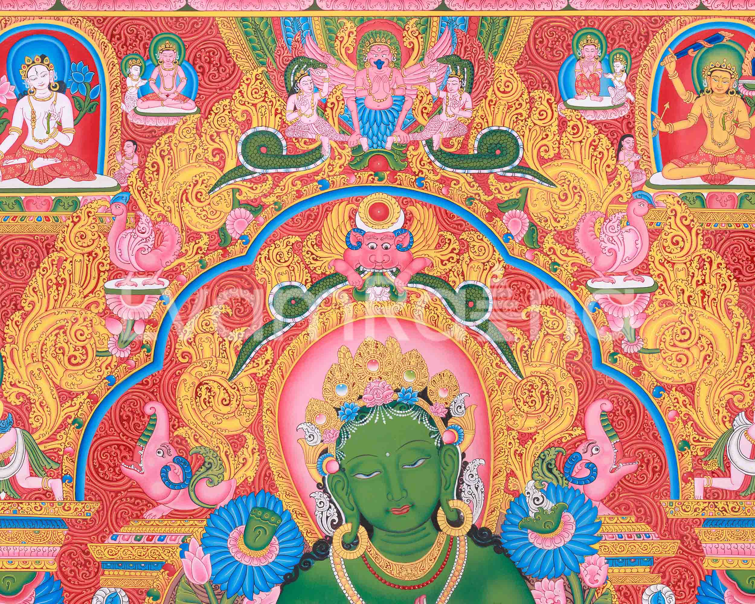 Green Tara and Divine Deities Thangka | Religious Hand Painted Art | Spiritual Decors