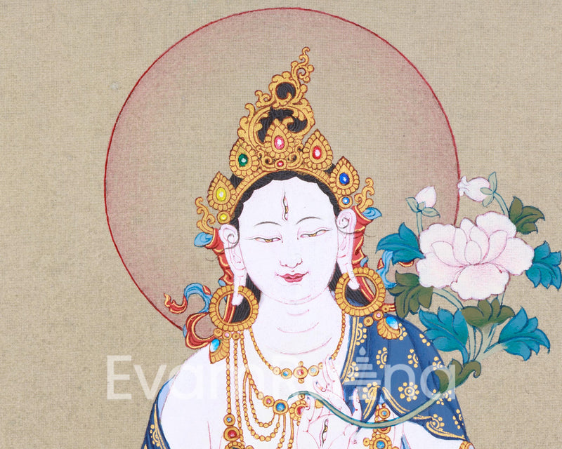 Embrace the Serenity with White Tara Thangka | Female Bodhisattva Canvas