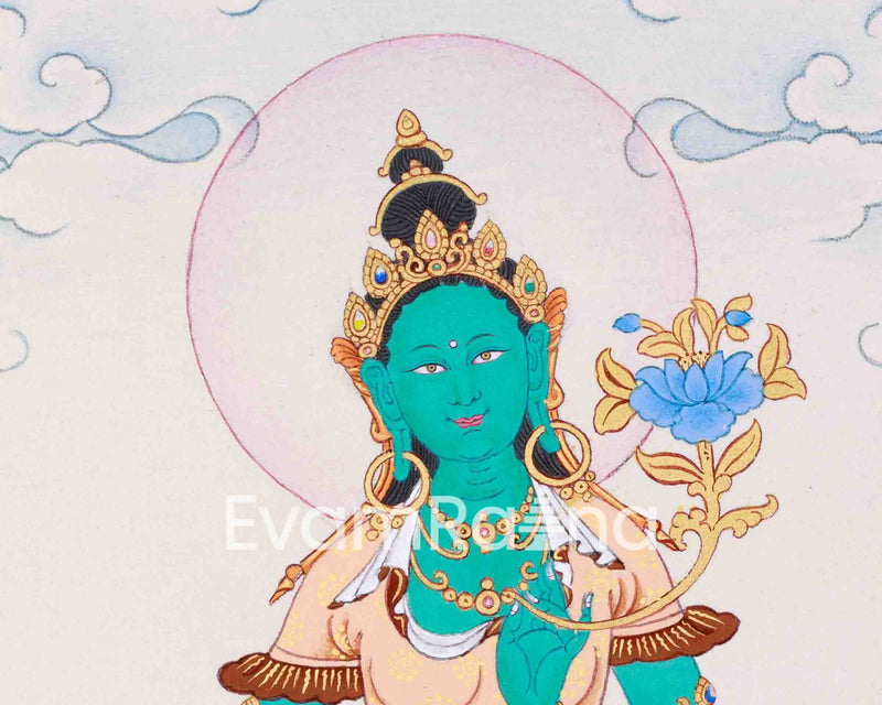 Green Tara Sacred Art | Hand Painted Divine Harmony Thangka | The Goddess of Healing