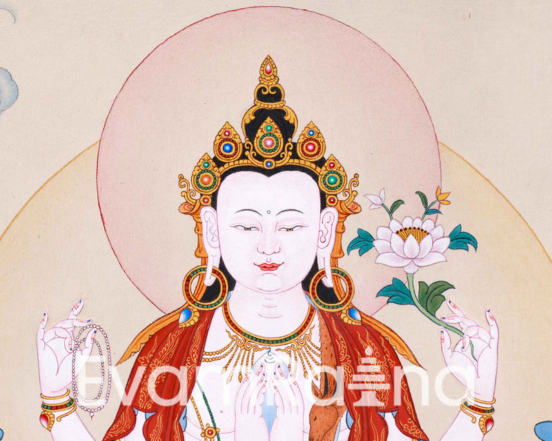Hand-painted Four-Armed Chenrezig Thangka | Avalokiteshvara Bodhisattva Art
