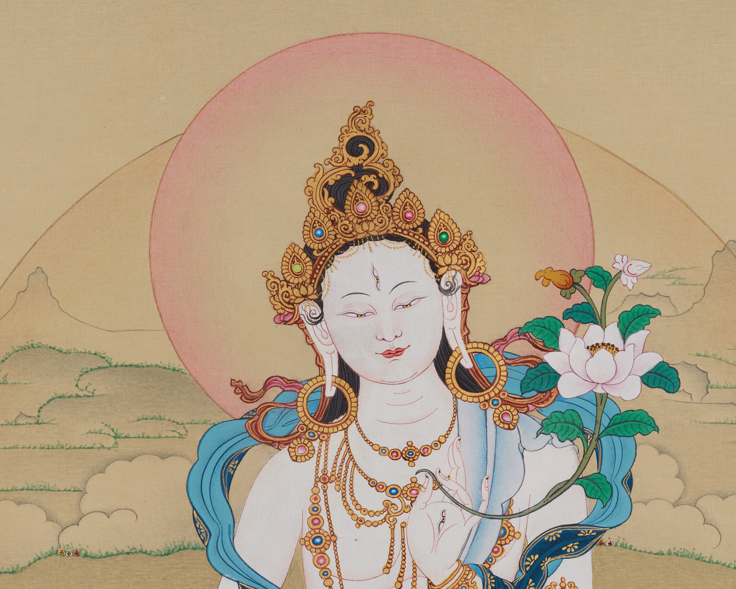 White Tara Healing Buddhist Art | Sacred Thangka of Compassion and Longevity