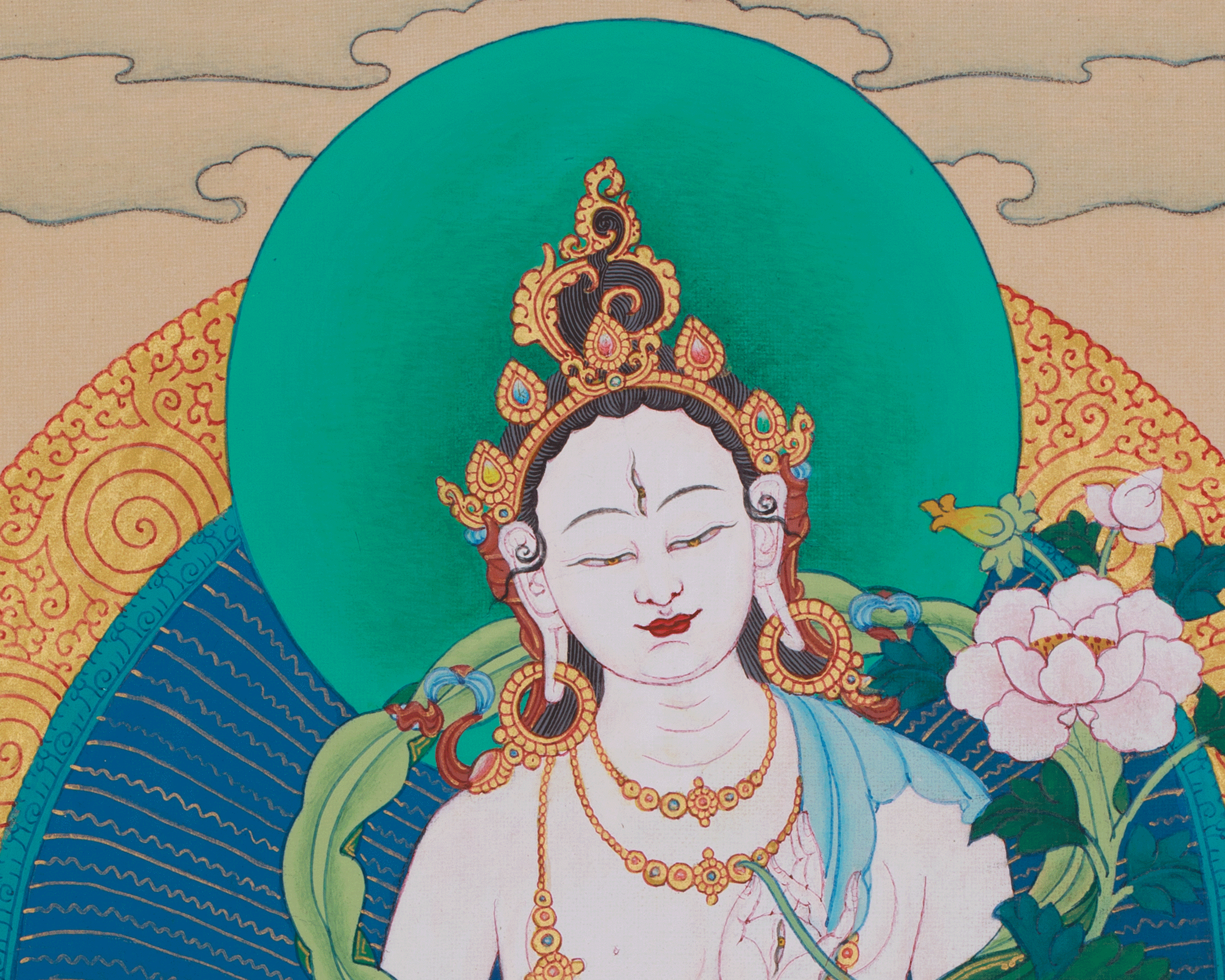 Divine White Tara Goddess of Compassion | A Sacred Thangka of Healing and Protection