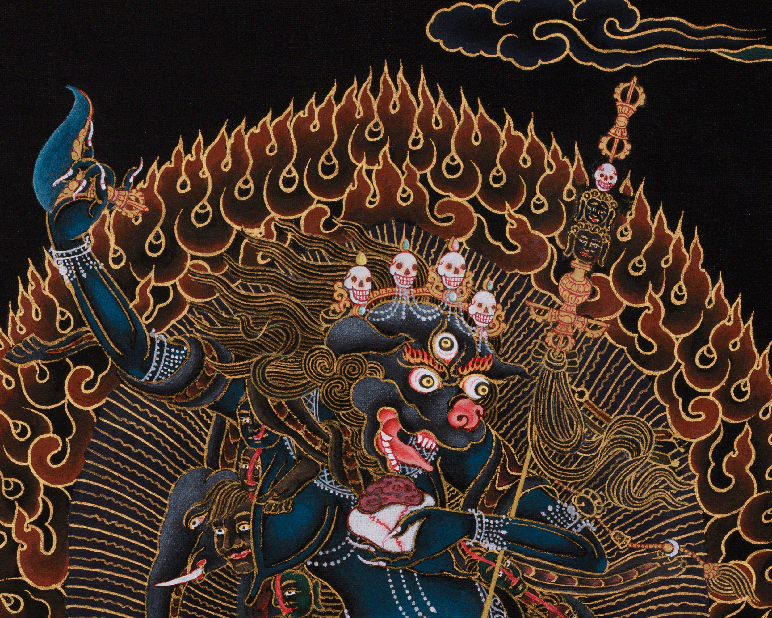 Black and Gold Wrathful Deity Simhamukha | Lion-Headed Dakini Thangka