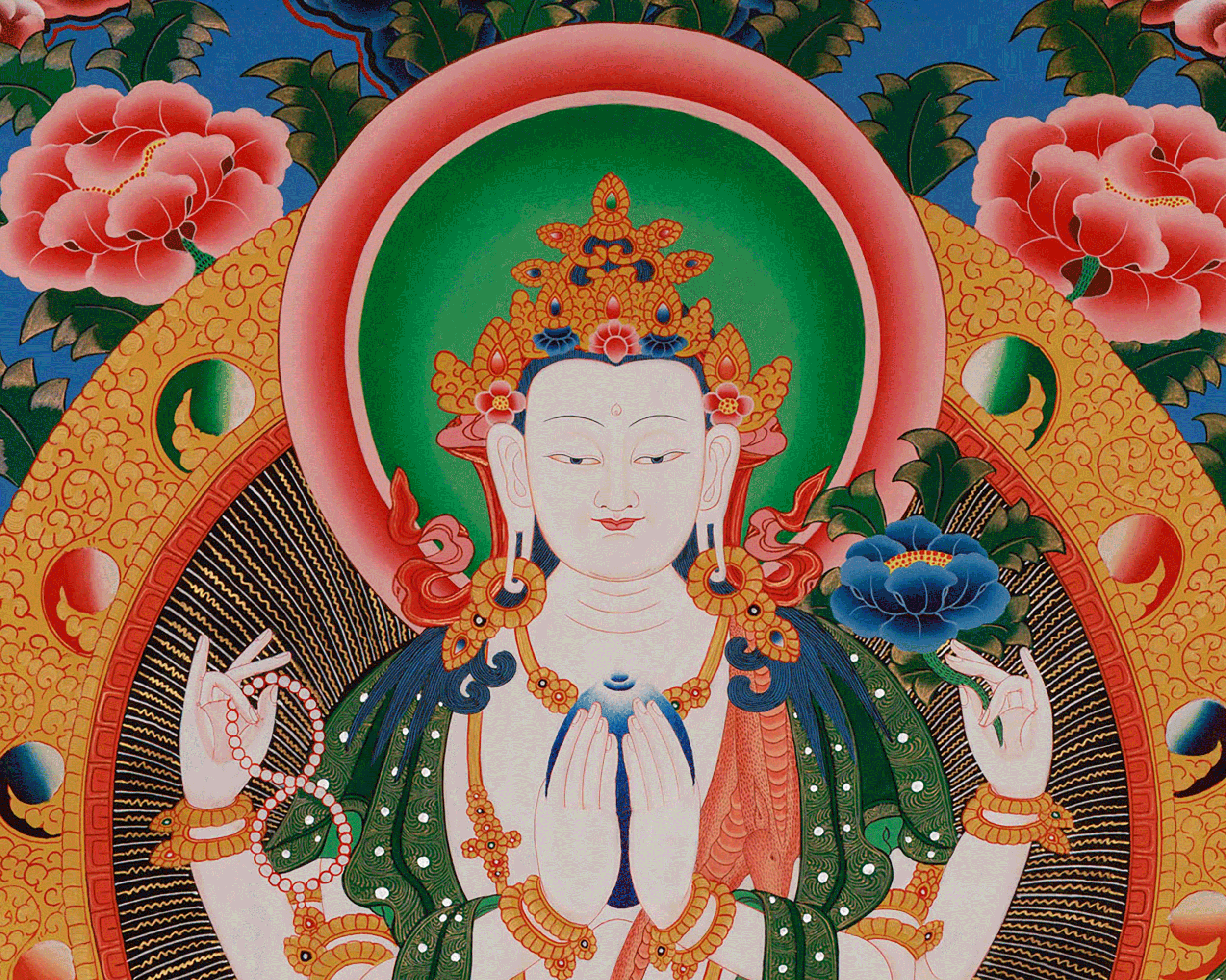 Divine Thangka of Chenrezig | Avalokiteshvara, 5 Dhyani Buddhas, White Tara, Green Tara, Manjushri & Vajrapani
