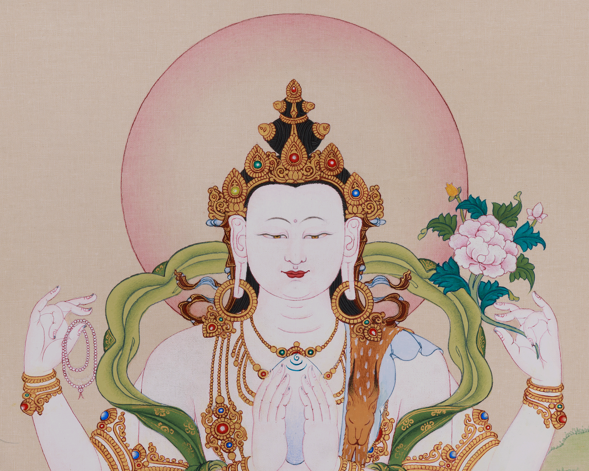 Sacred Thangka Of Four-Armed Chenrezig | Avalokiteshvara Art | Meditation Altar