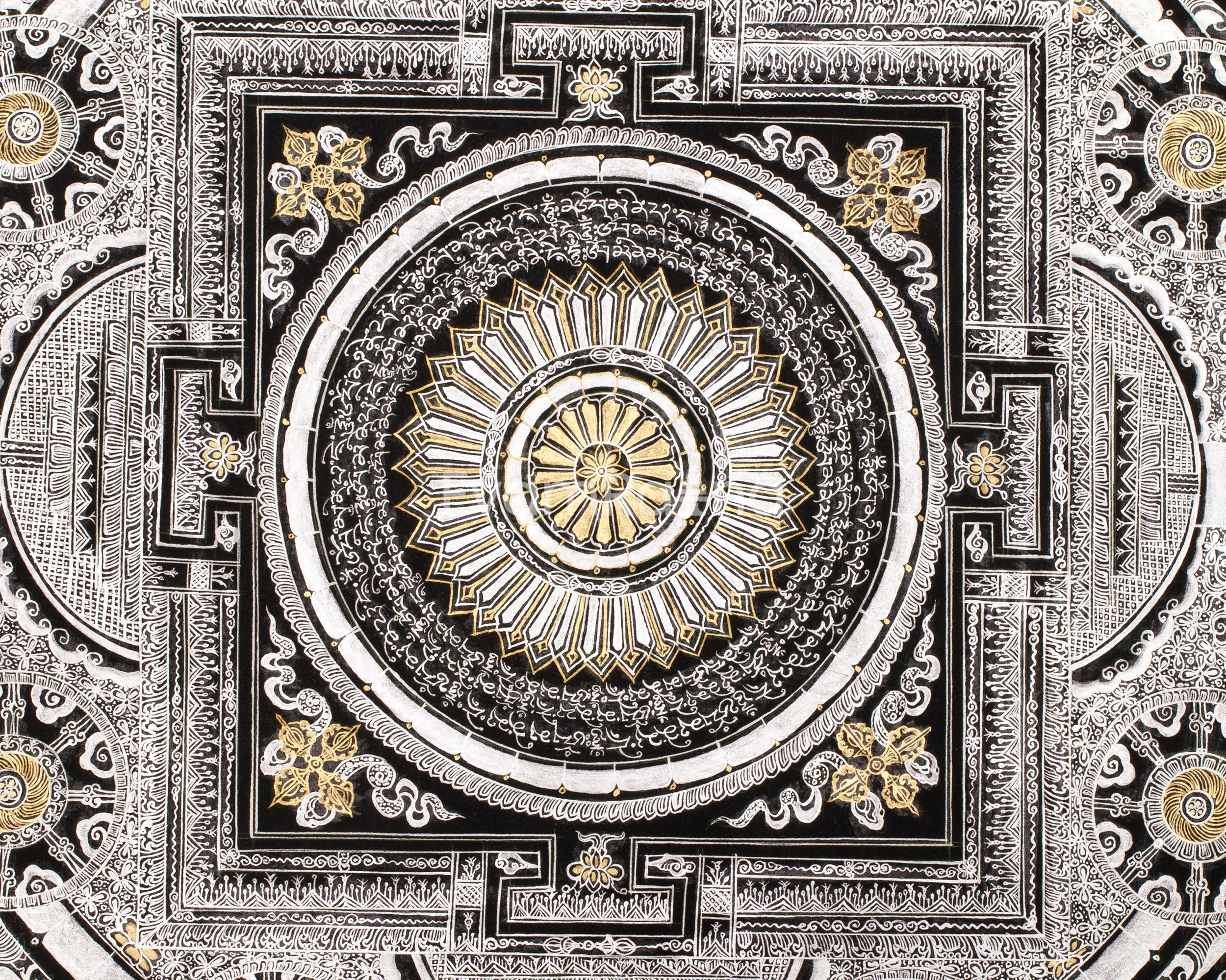 Silver with Gold Mantra Mandala | Four Mythical Creatures | Mandala Painting