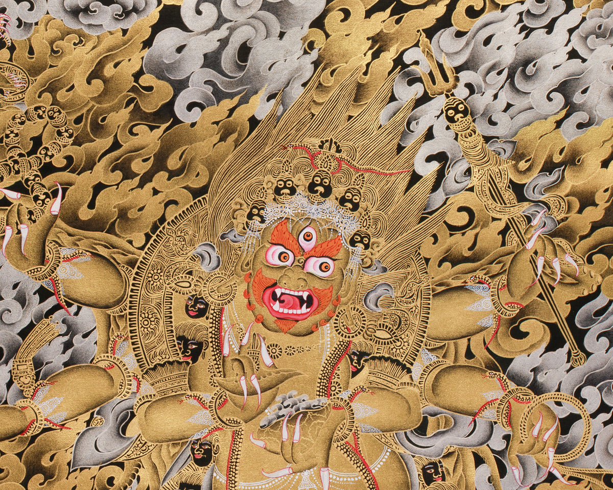The Wrath of Mahakala | Pure Silver & Gold Embellished Thangka of the Dharma Protector