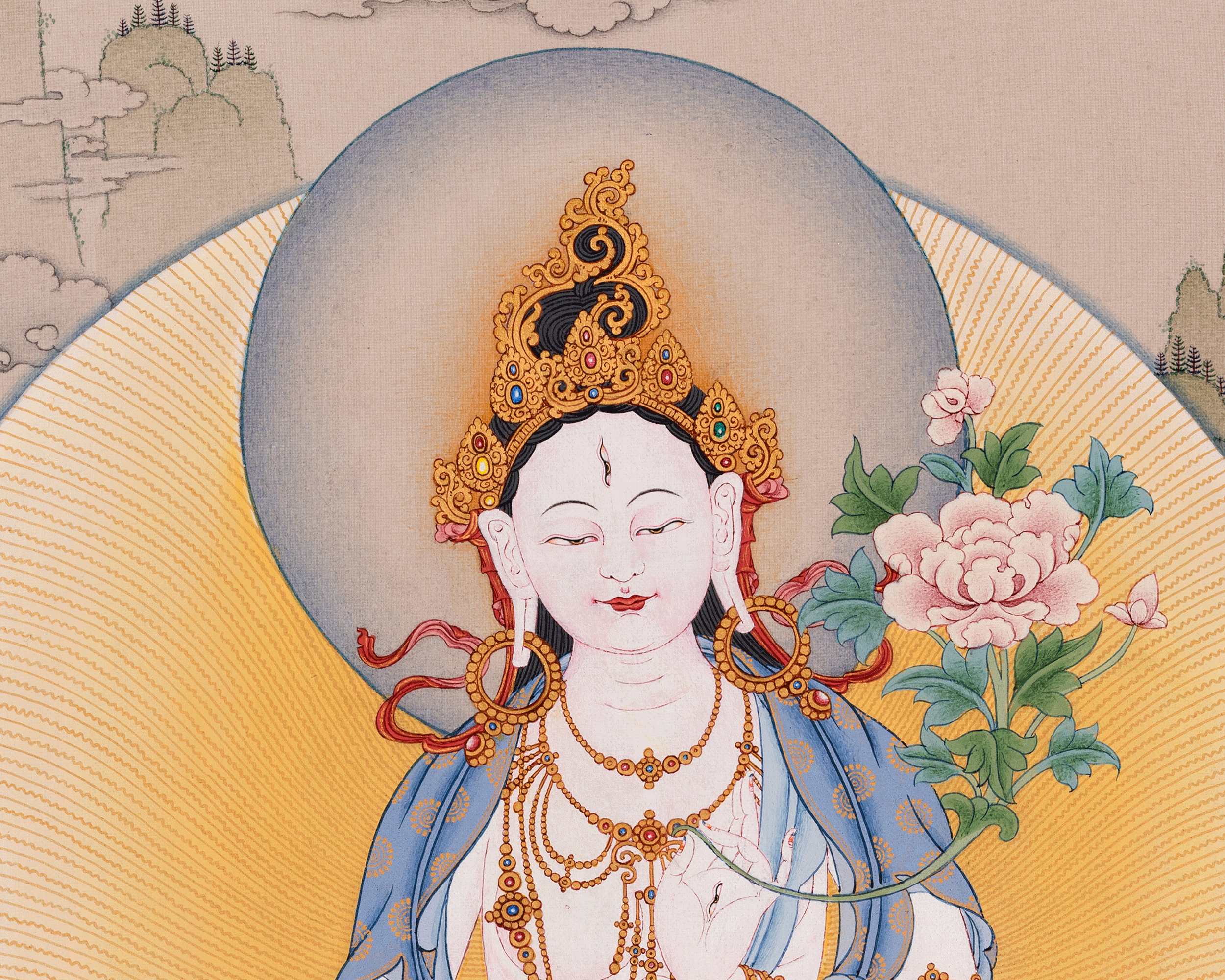 Thangka Print of White Tara | Tibetan Artwork of the Three Longevity Deities