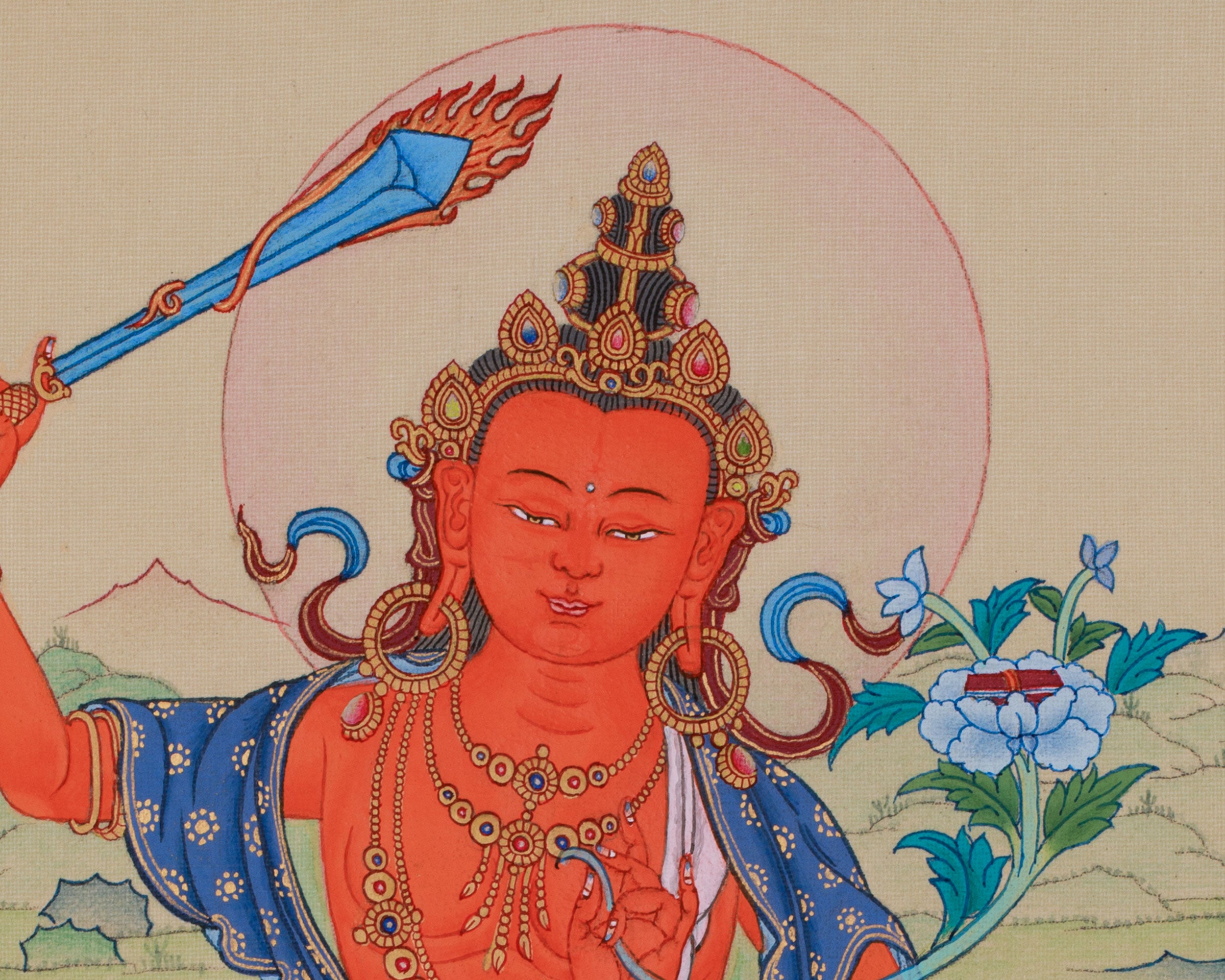Spiritual Thangka Of Manjushri | Bodhisattva Art | Meditation Altar