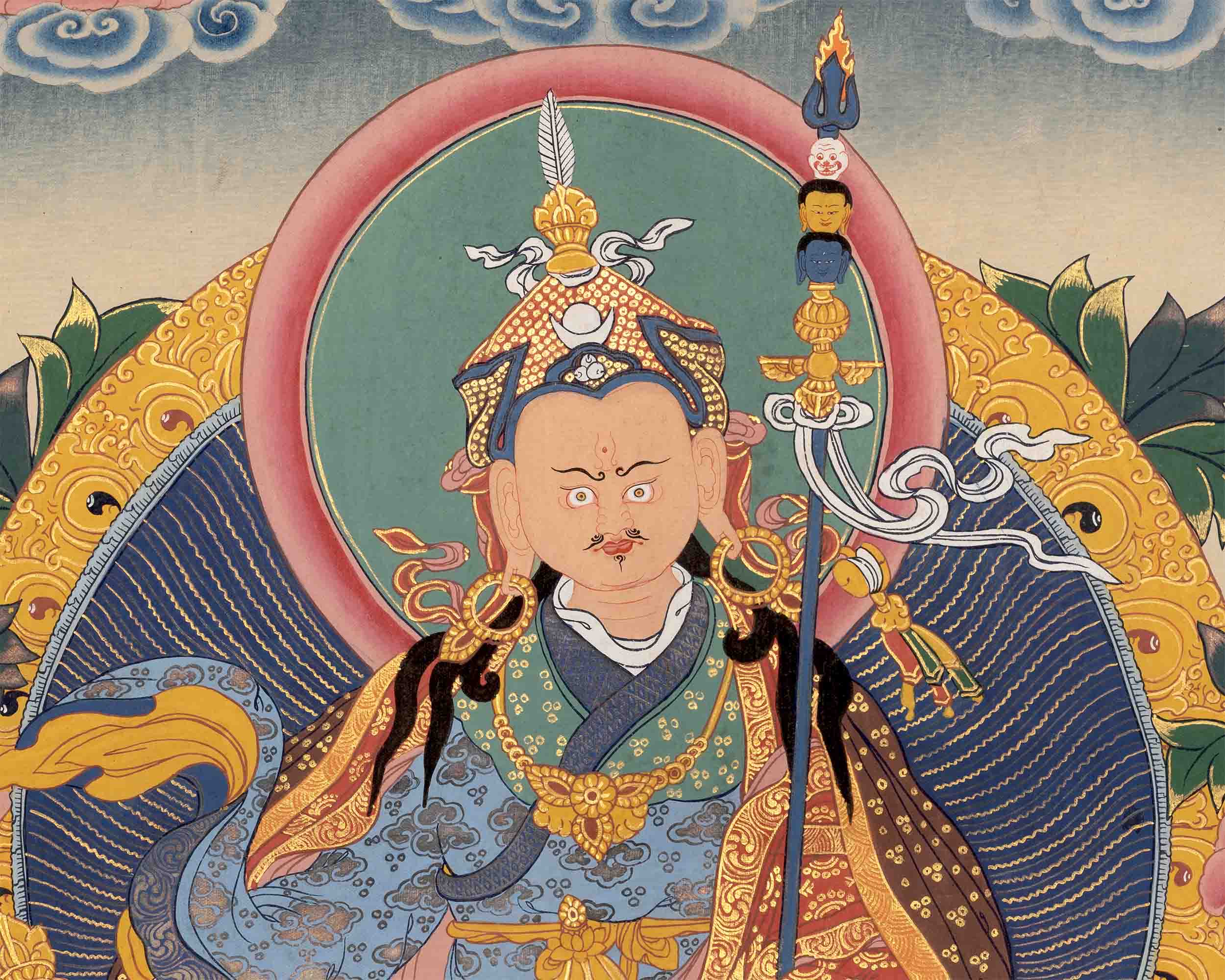 Handpainted Guru Rinpoche Surrounded By Dhyani Buddha Traditional Thangka |  Meditation And Yoga