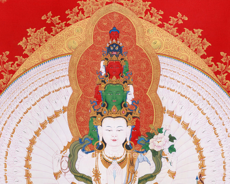 Large Hand-Painted 1000 Armed Avalokiteshvara Thangka | Buddha of Compassion with Pure Gold Accents