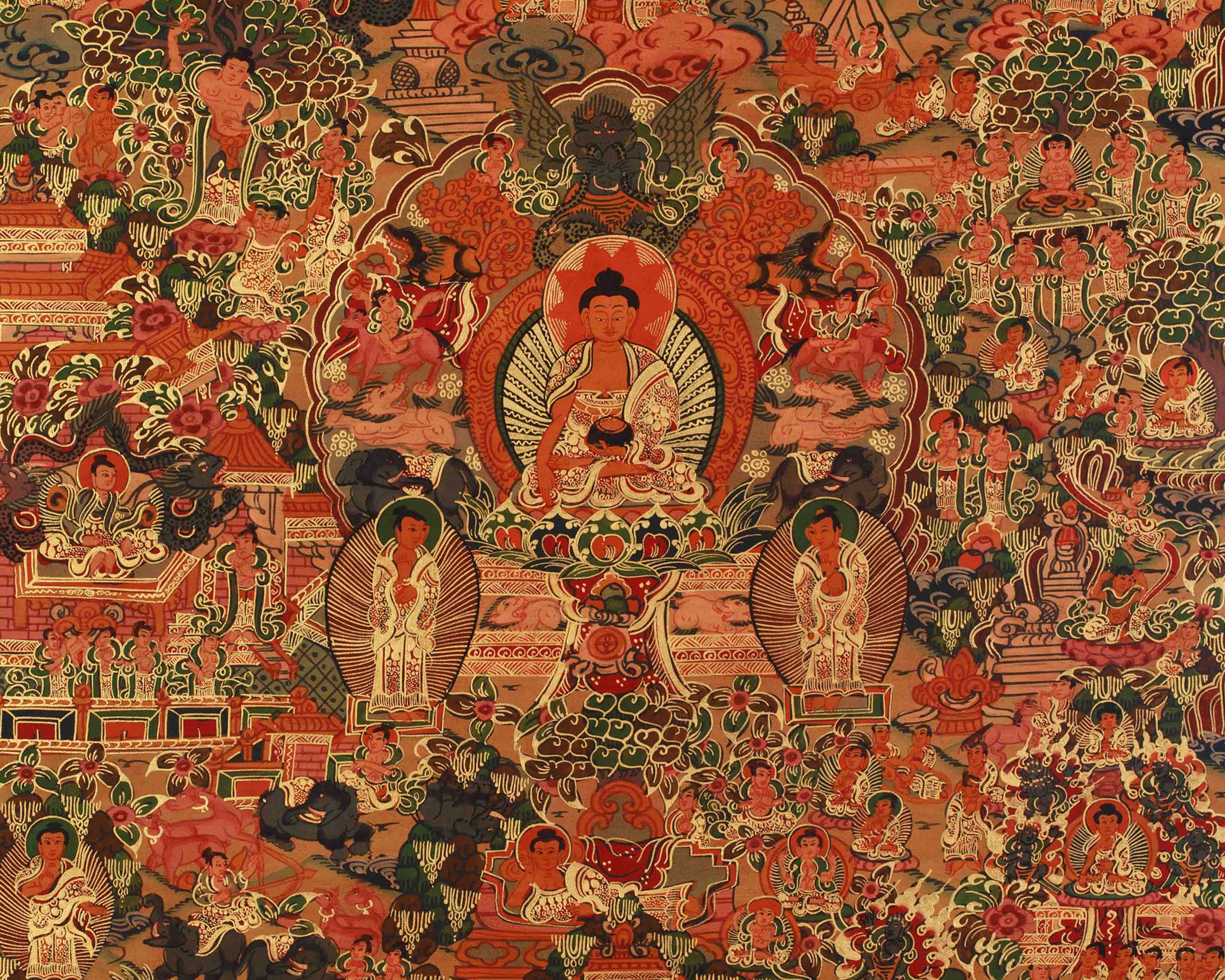 Sacred Buddha Life Story Art | Birth, Enlightenment, and Teaching of Dharma Thangka