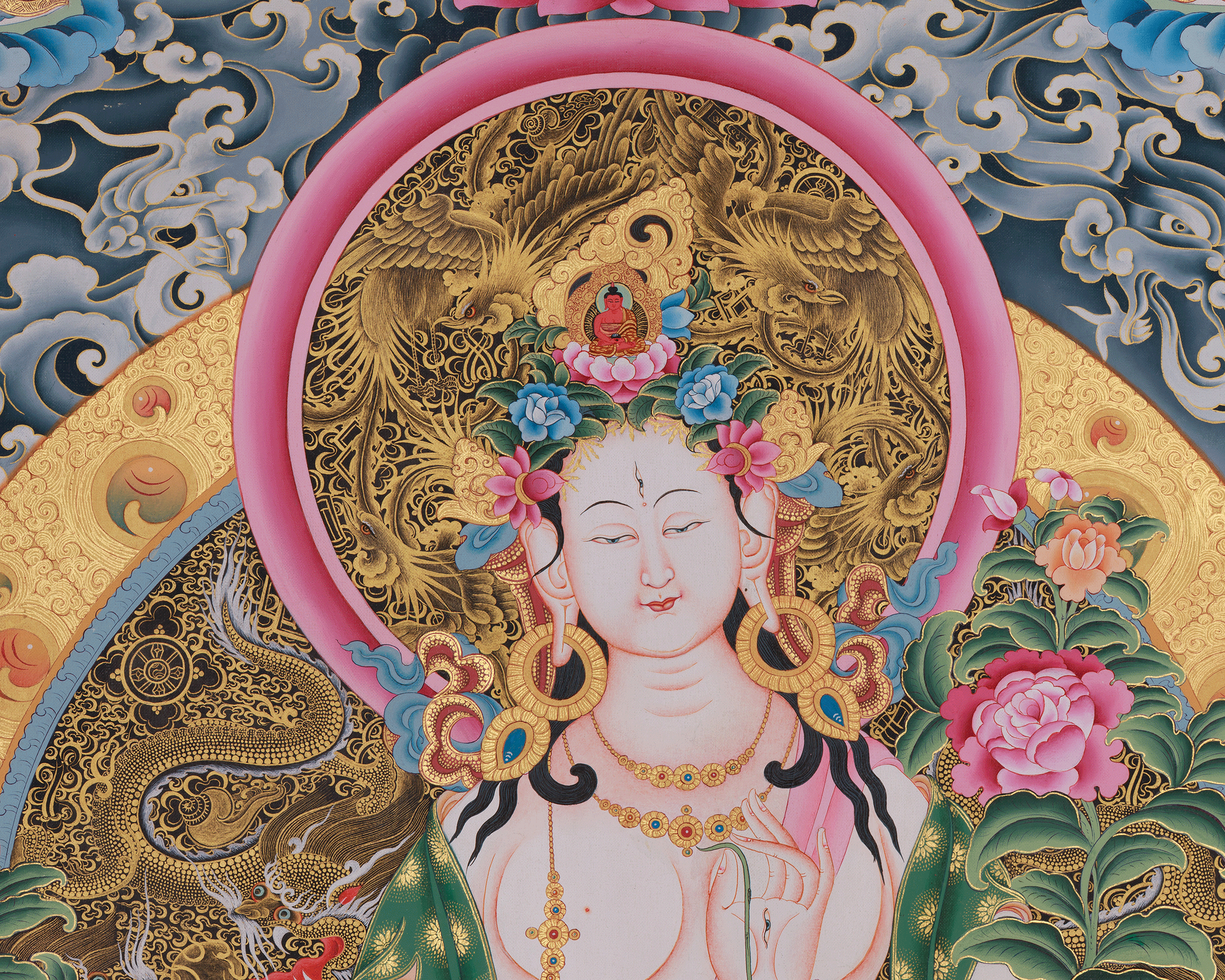 White Tara With Other Deities Thangka | Vajrayana Deity Shyama Tara